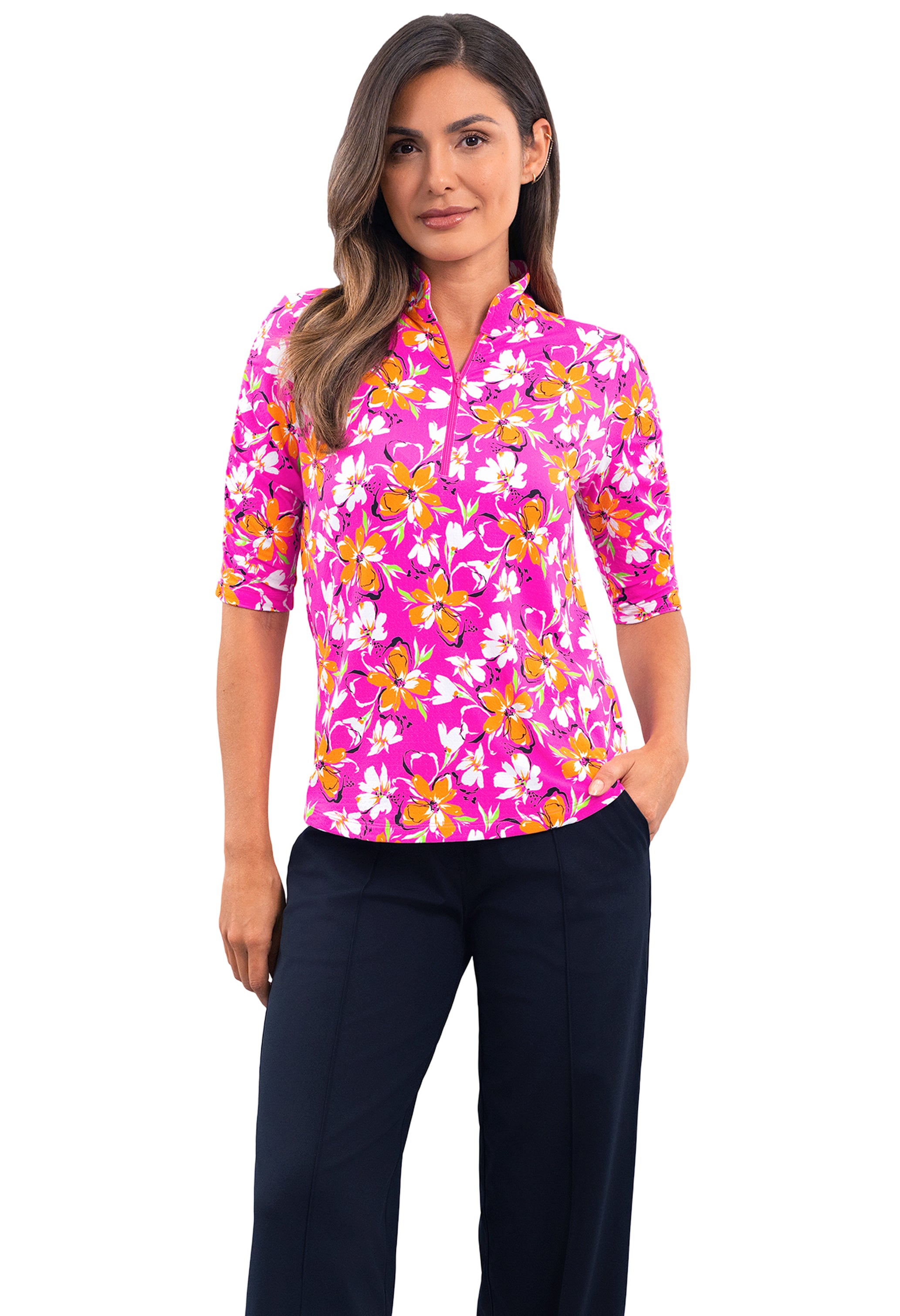 Eleanor Ruched Elbow Sleeve Mandarin Collar Top