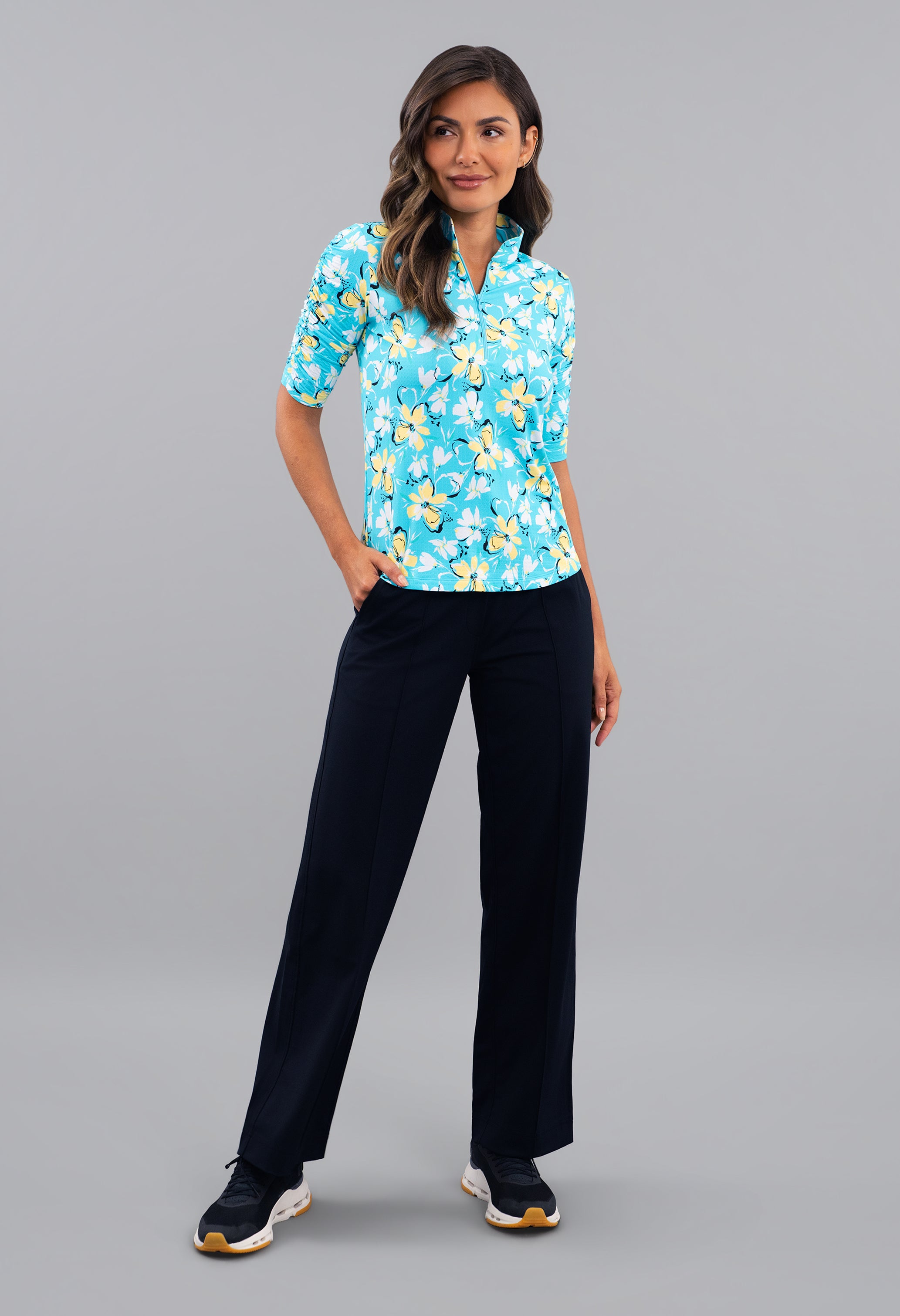 Eleanor Ruched Elbow Sleeve Mandarin Collar Top