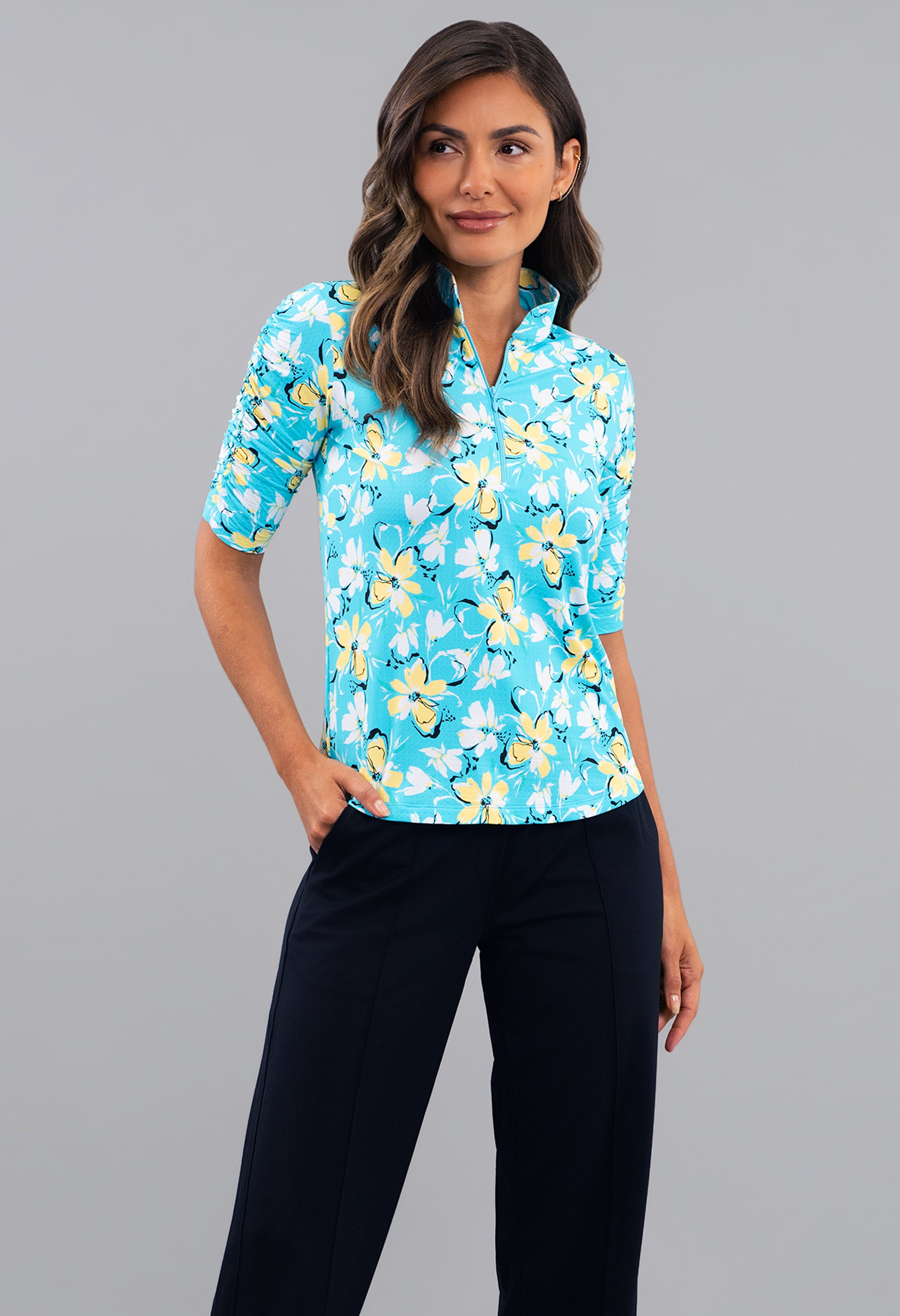 Eleanor Ruched Elbow Sleeve Mandarin Collar Top