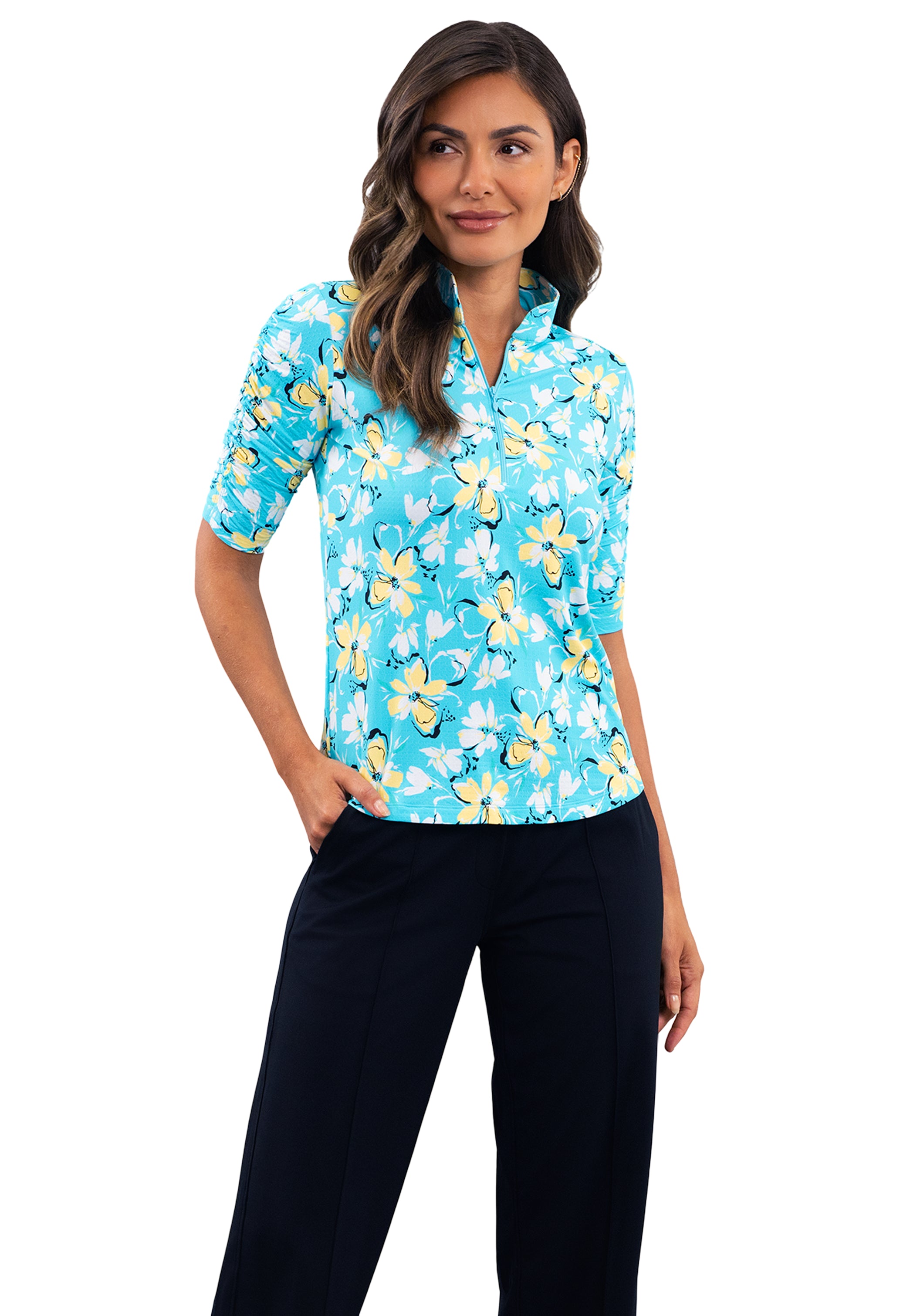 Eleanor Ruched Elbow Sleeve Mandarin Collar Top