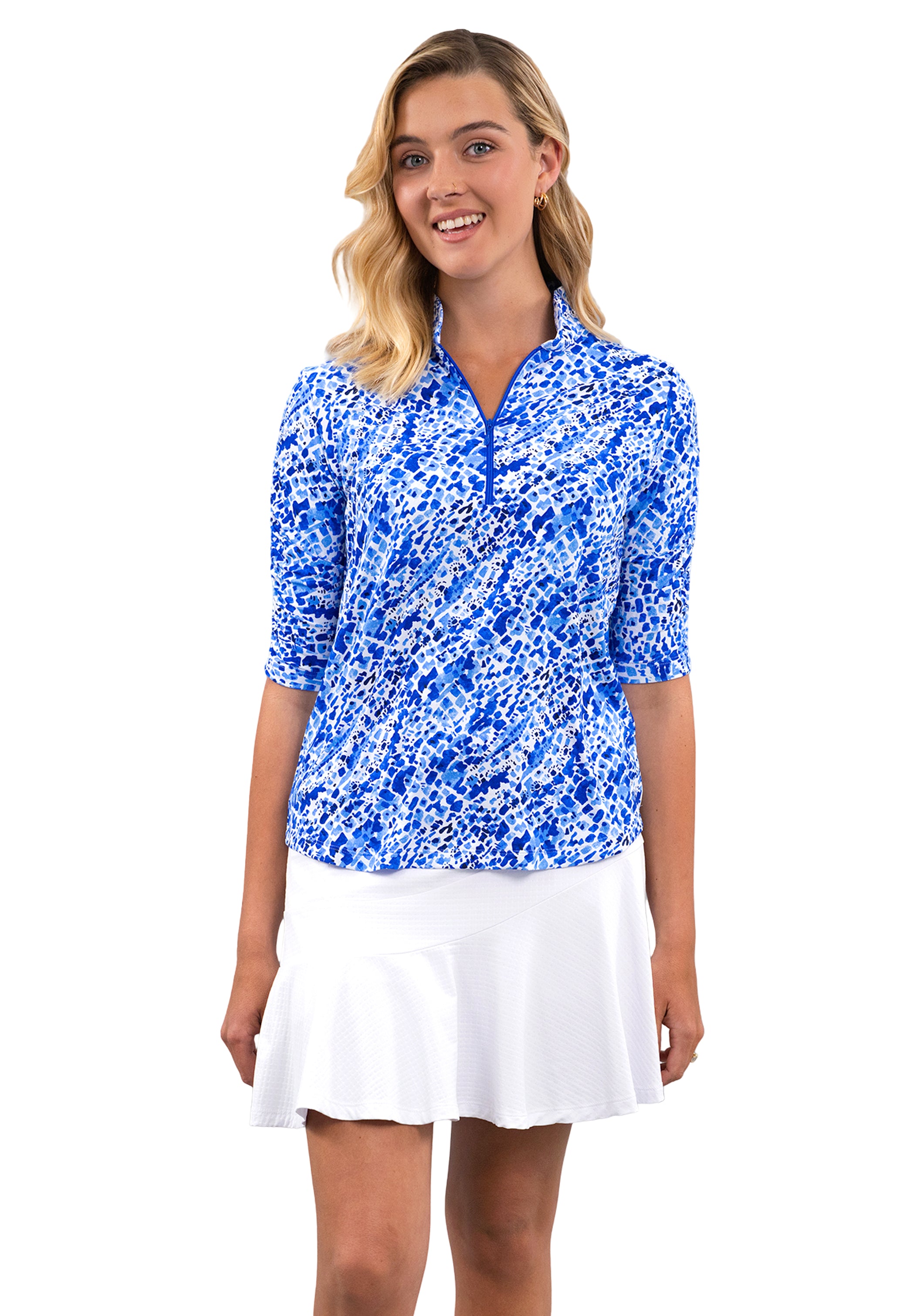 Yesenia Ruched Elbow Sleeve Mandarin Collar Top