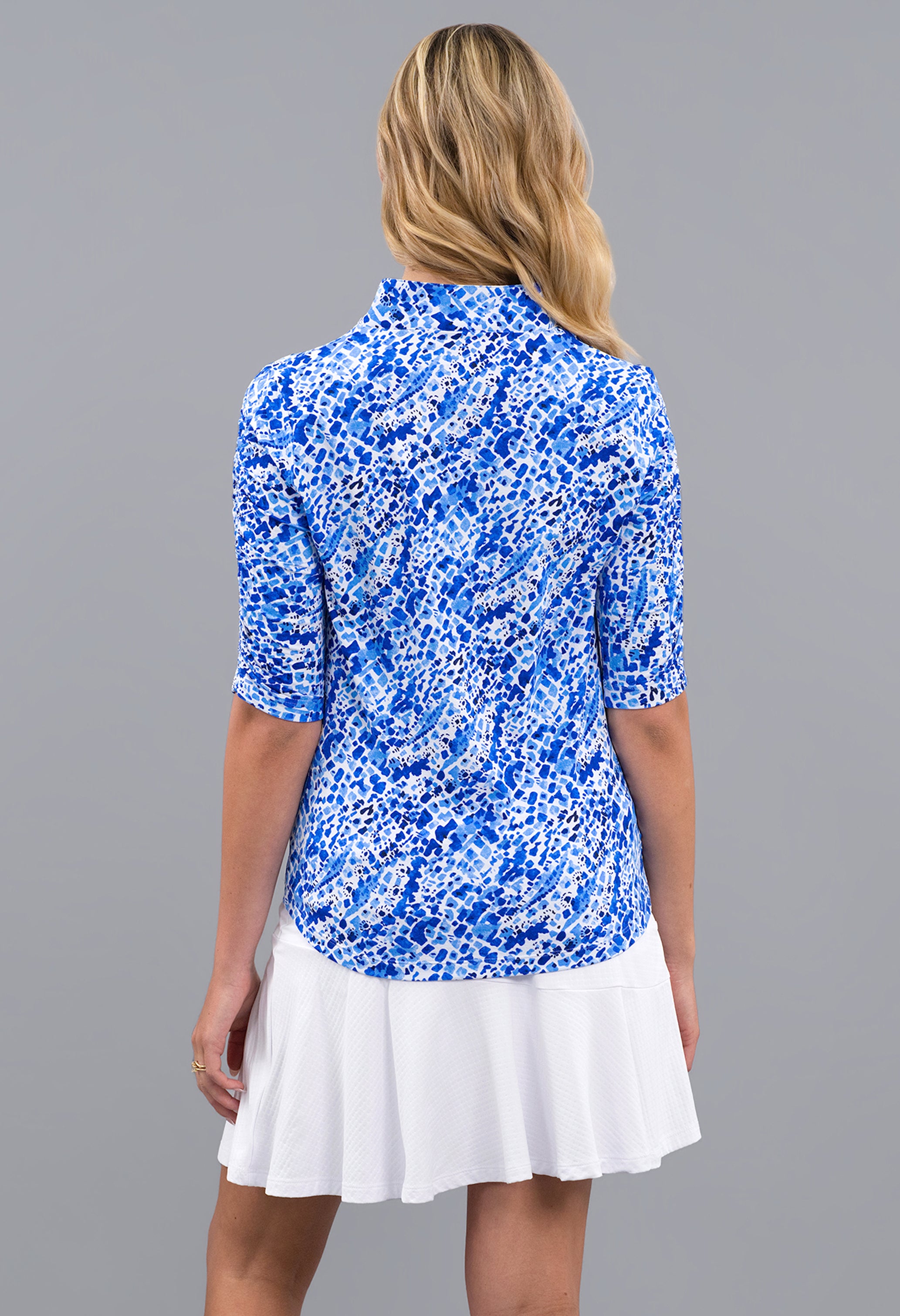 Yesenia Ruched Elbow Sleeve Mandarin Collar Top