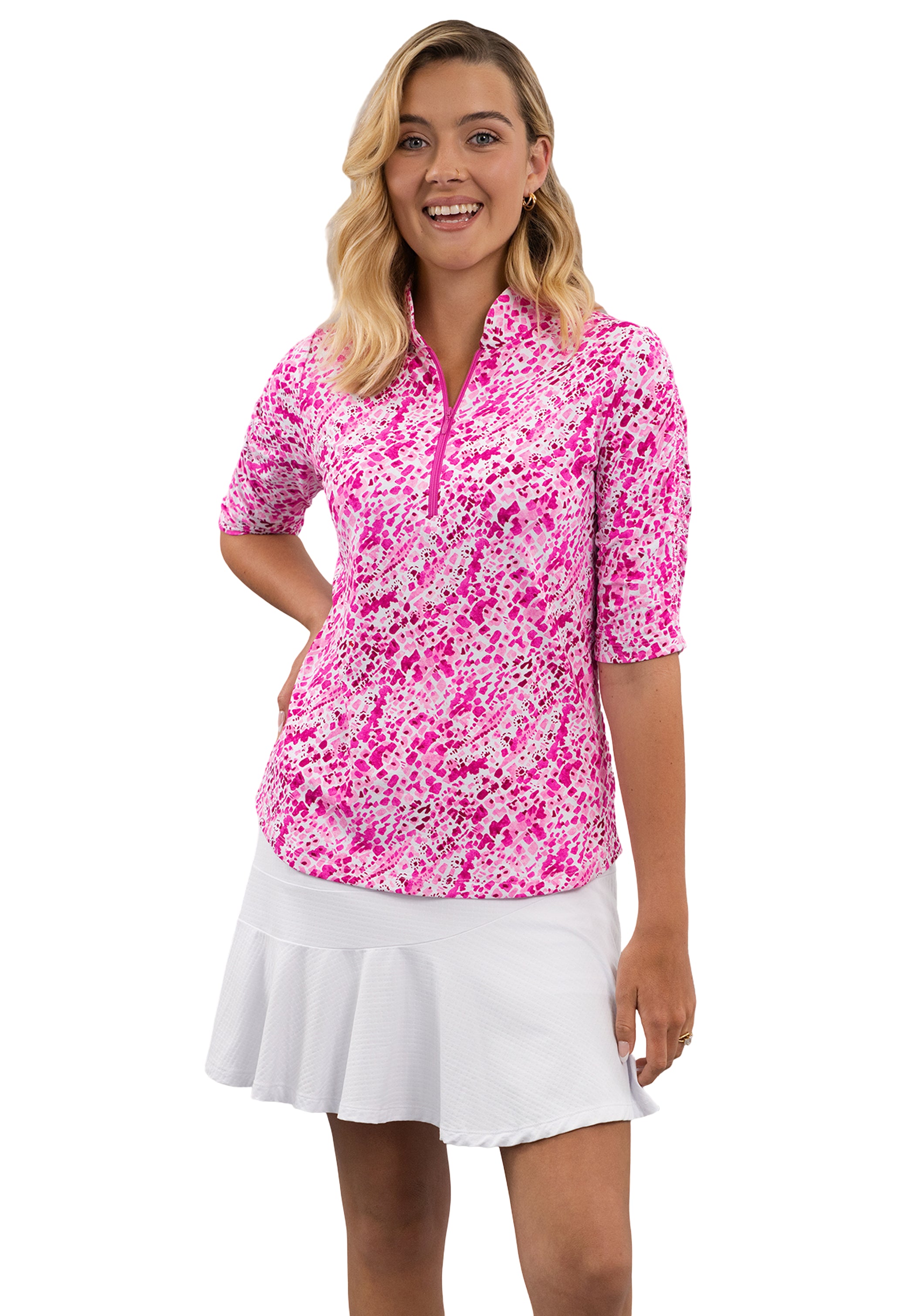 Yesenia Ruched Elbow Sleeve Mandarin Collar Top