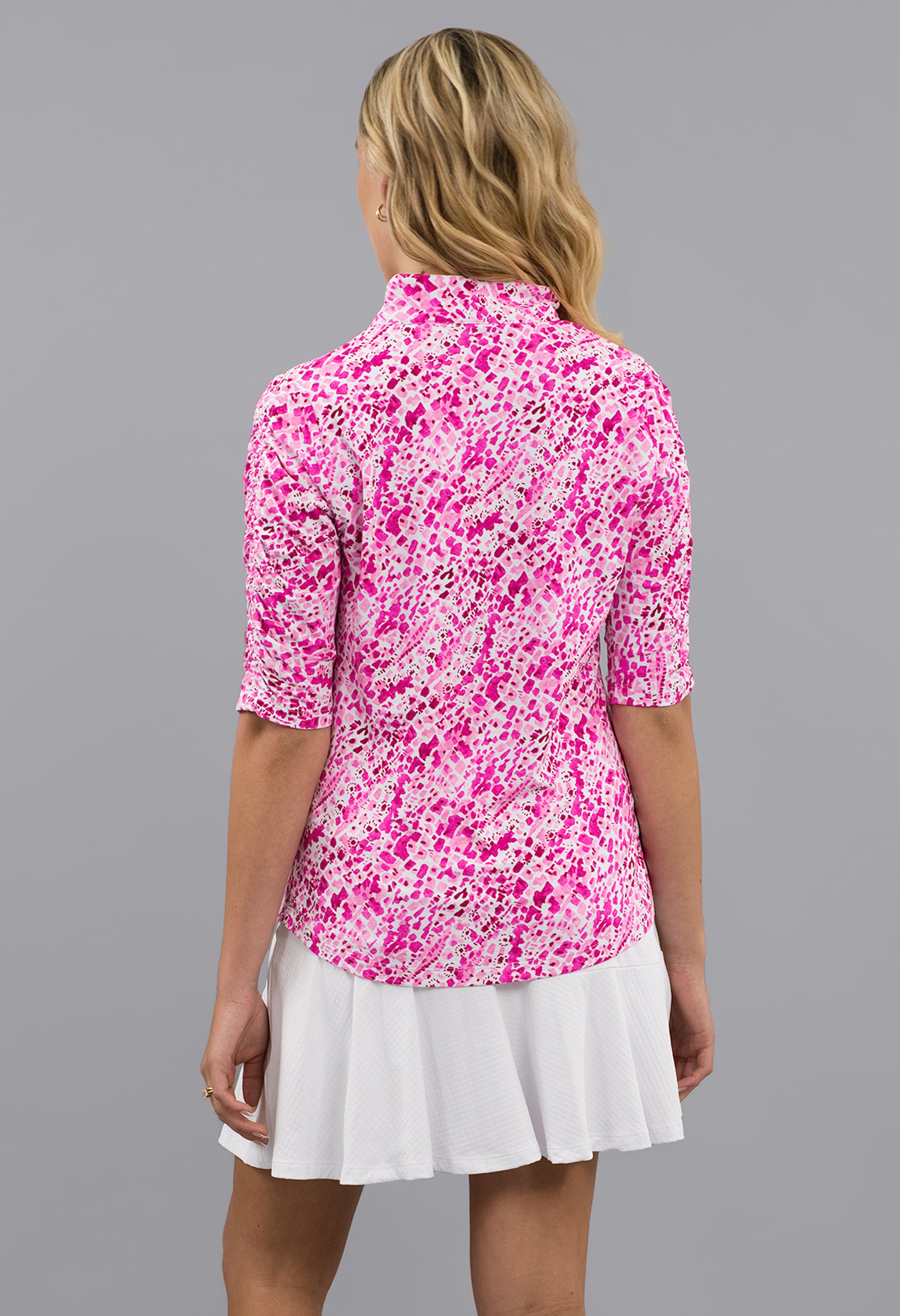 Yesenia Ruched Elbow Sleeve Mandarin Collar Top