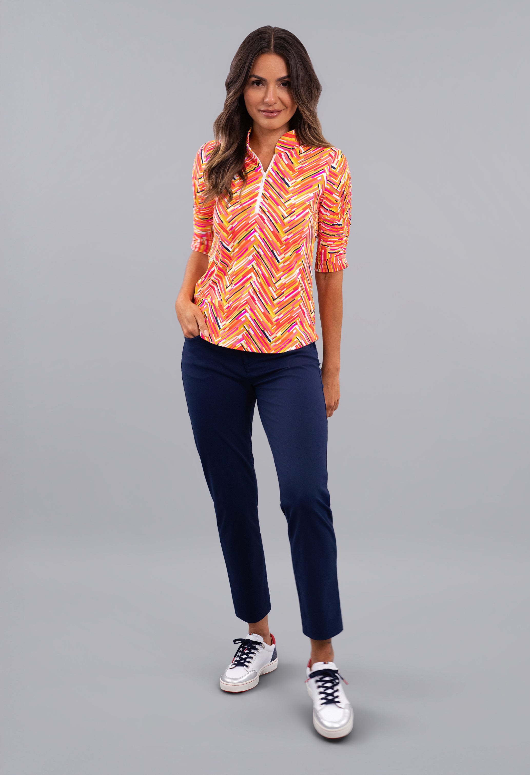Robin Ruched Elbow Sleeve Mandarin Collar Top