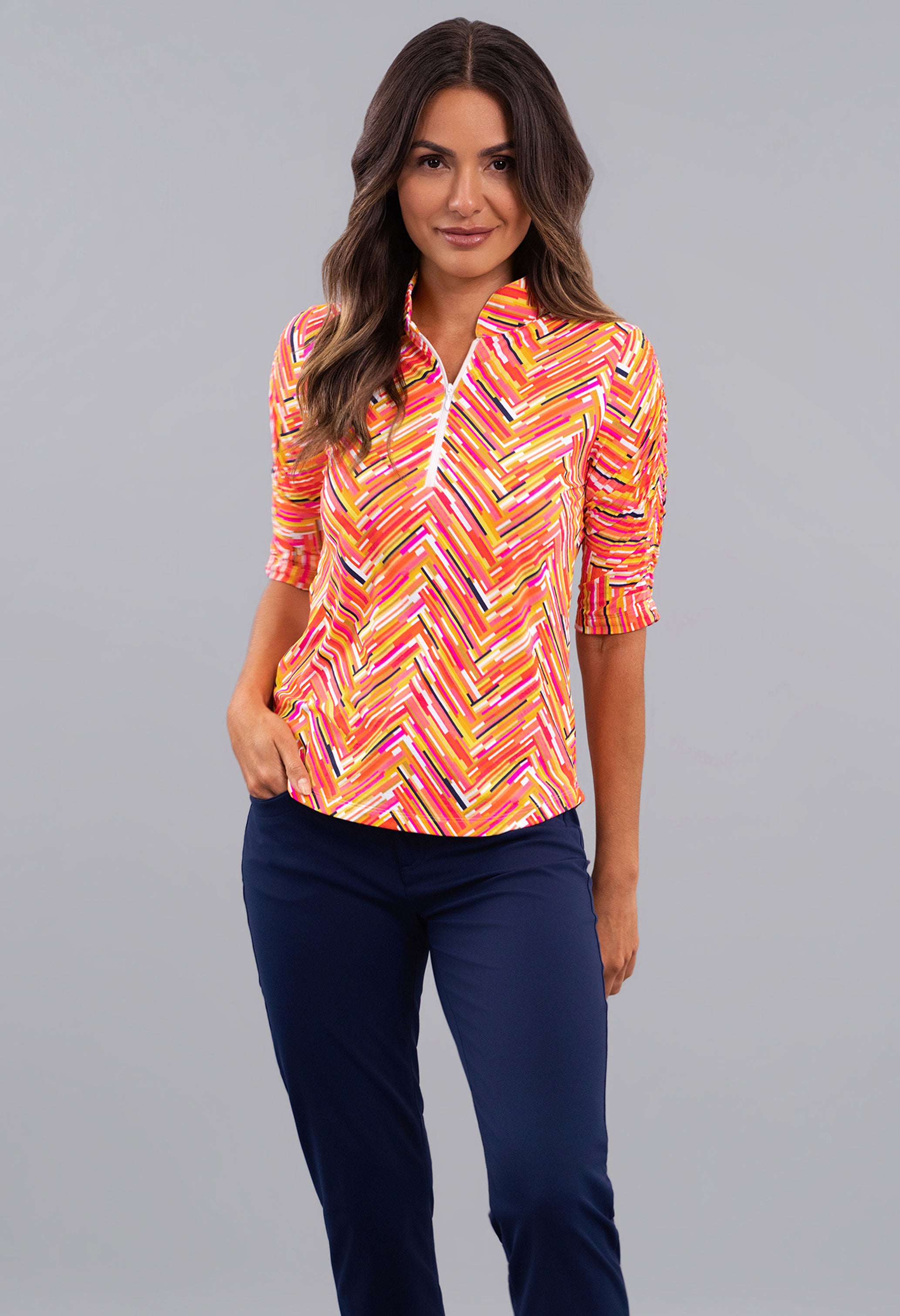 Robin Ruched Elbow Sleeve Mandarin Collar Top