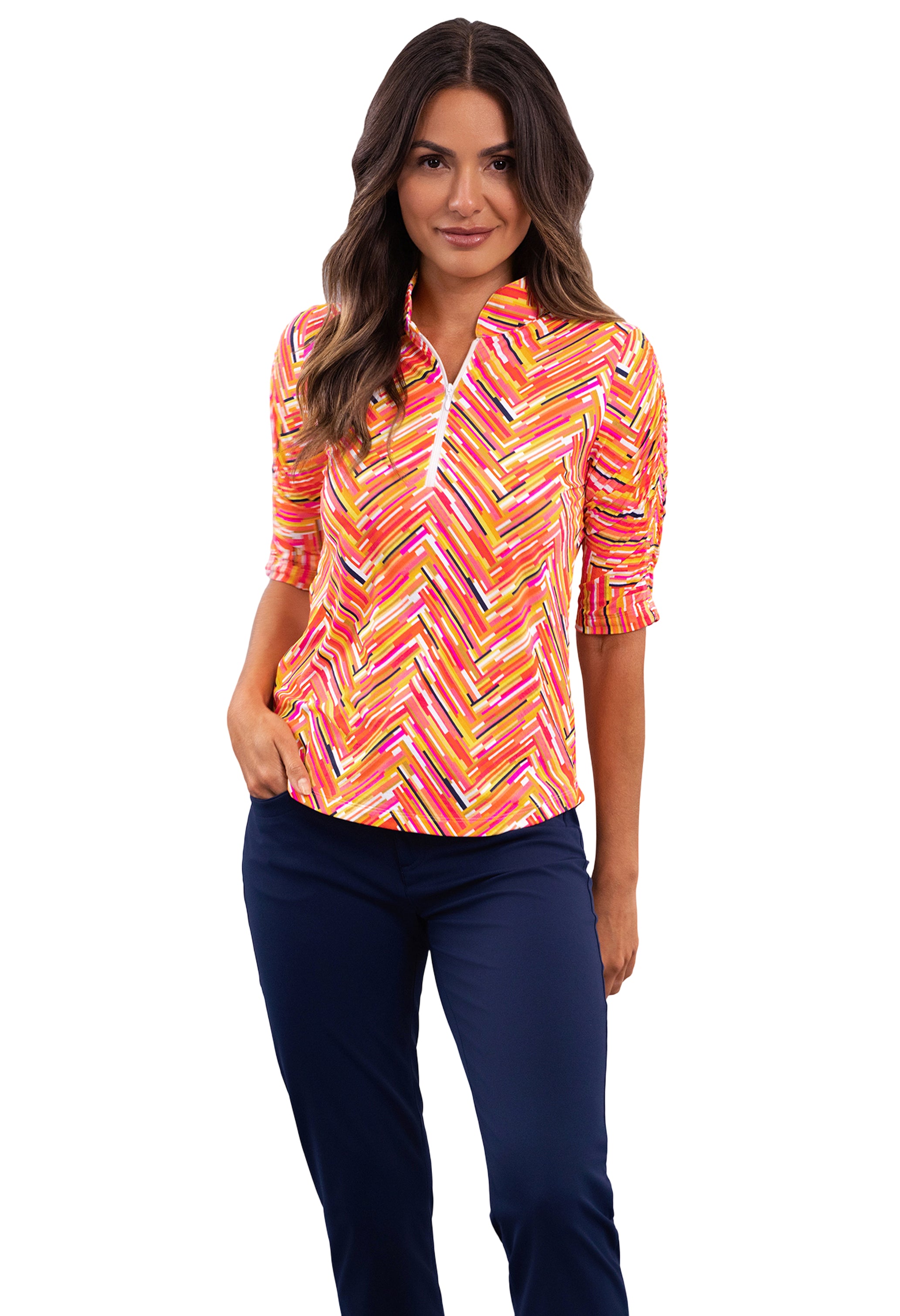 Robin Ruched Elbow Sleeve Mandarin Collar Top