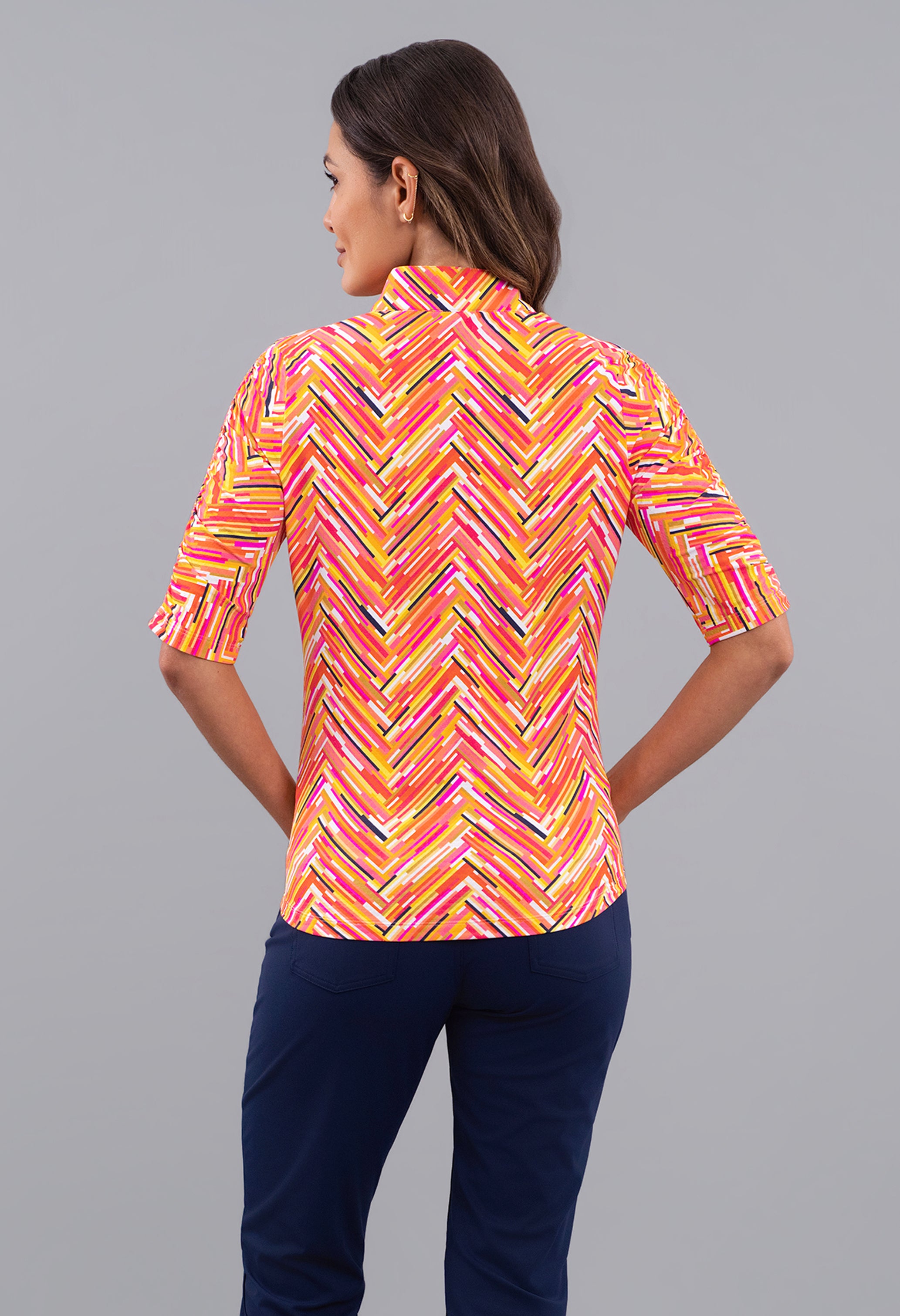 Robin Ruched Elbow Sleeve Mandarin Collar Top