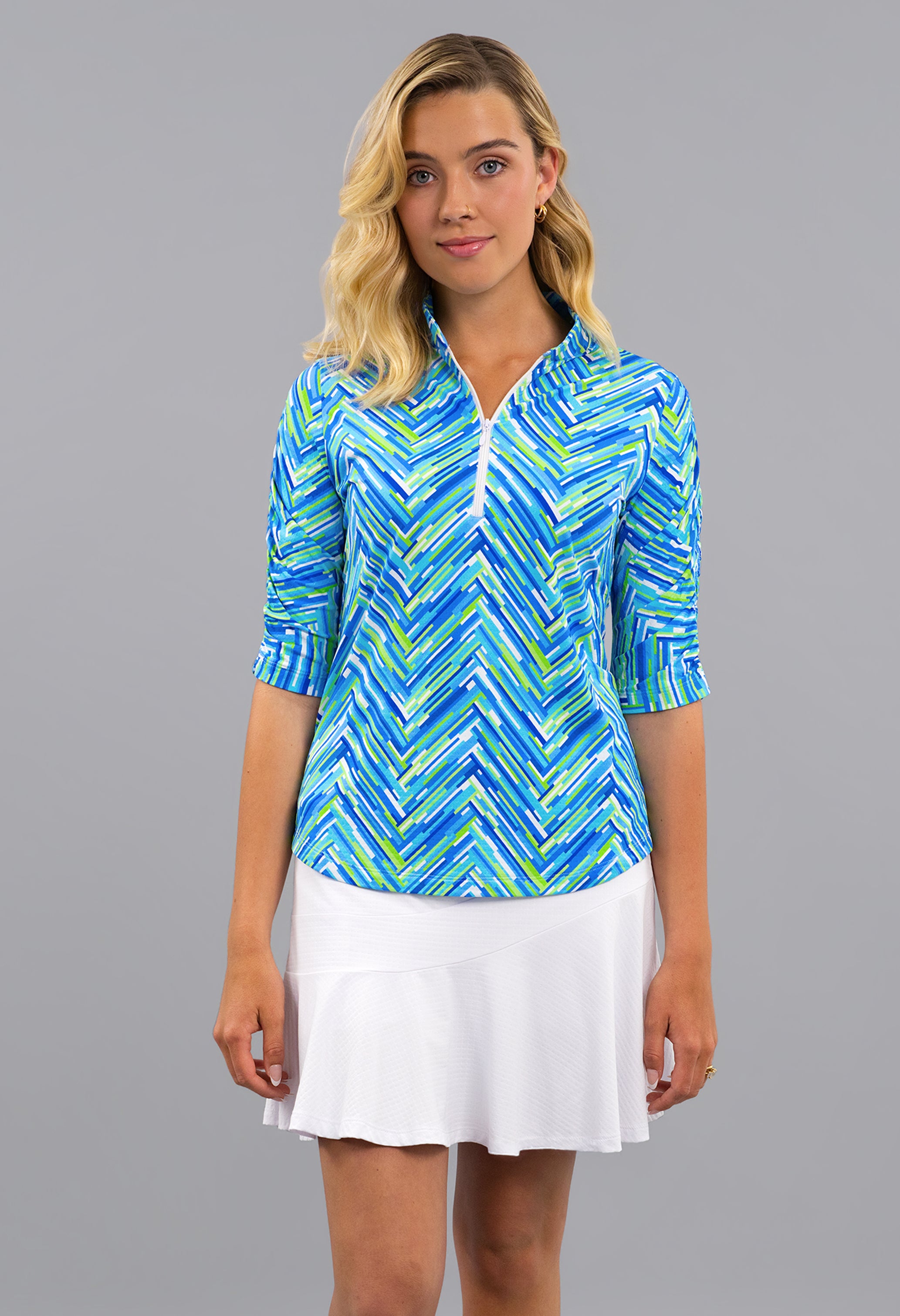 Robin Ruched Elbow Sleeve Mandarin Collar Top