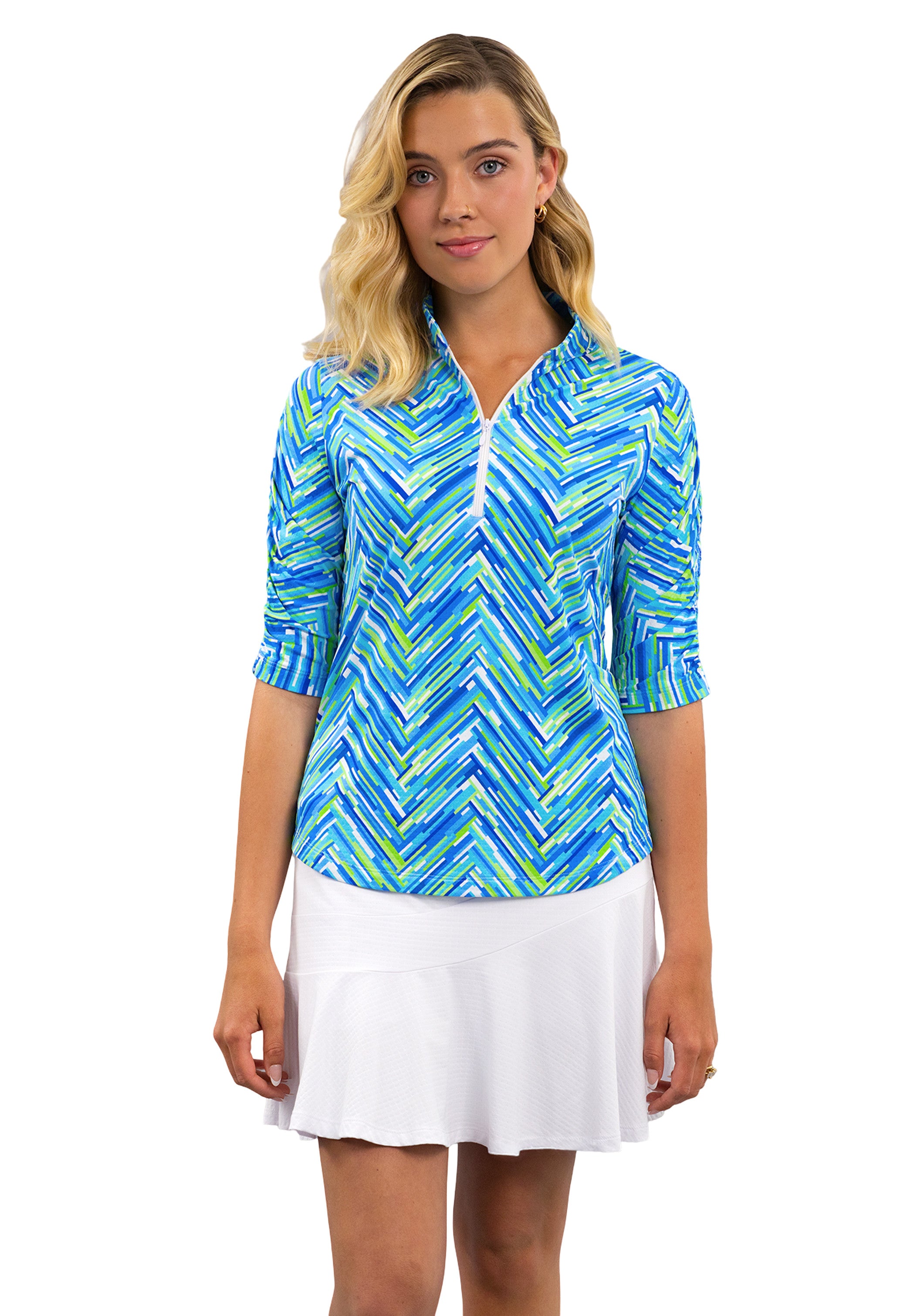 Robin Ruched Elbow Sleeve Mandarin Collar Top
