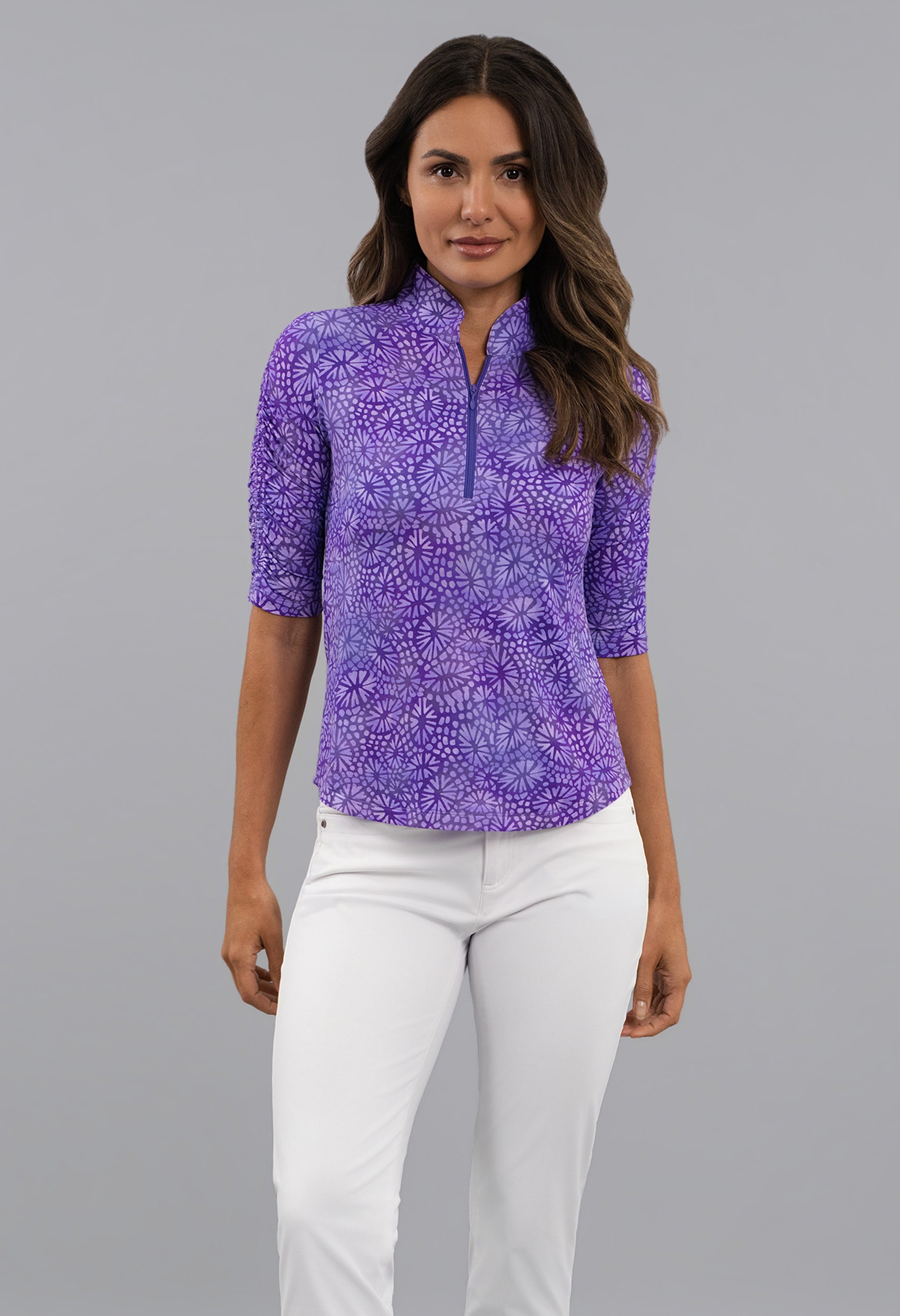 Gladis Ruched Elbow Sleeve Mandarin Collar Top