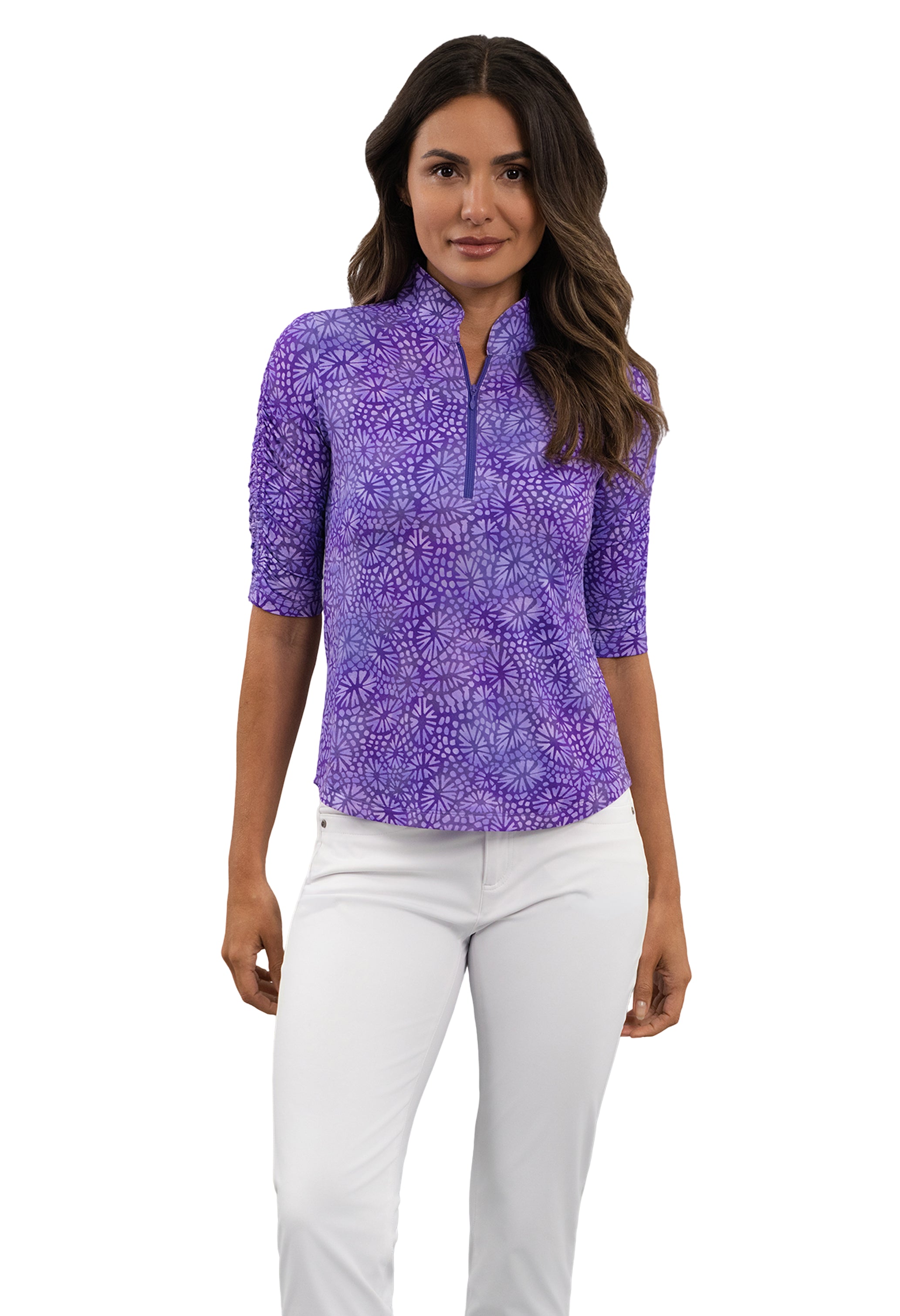 Gladis Ruched Elbow Sleeve Mandarin Collar Top