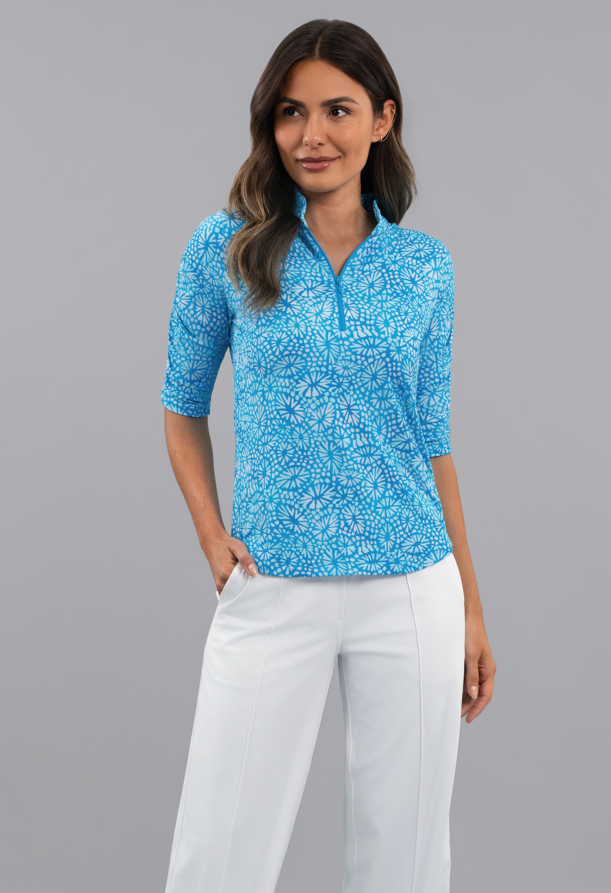 Gladis Ruched Elbow Sleeve Mandarin Collar Top