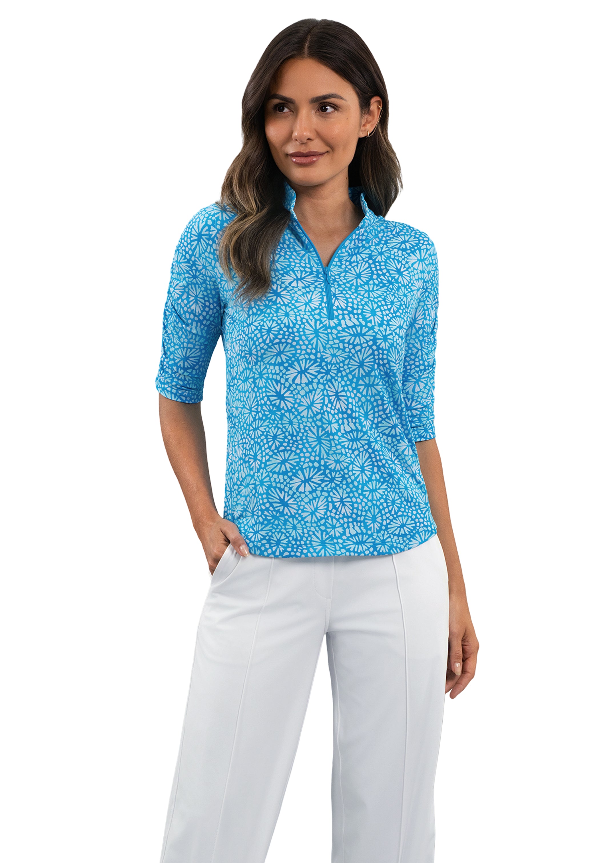 Gladis Ruched Elbow Sleeve Mandarin Collar Top