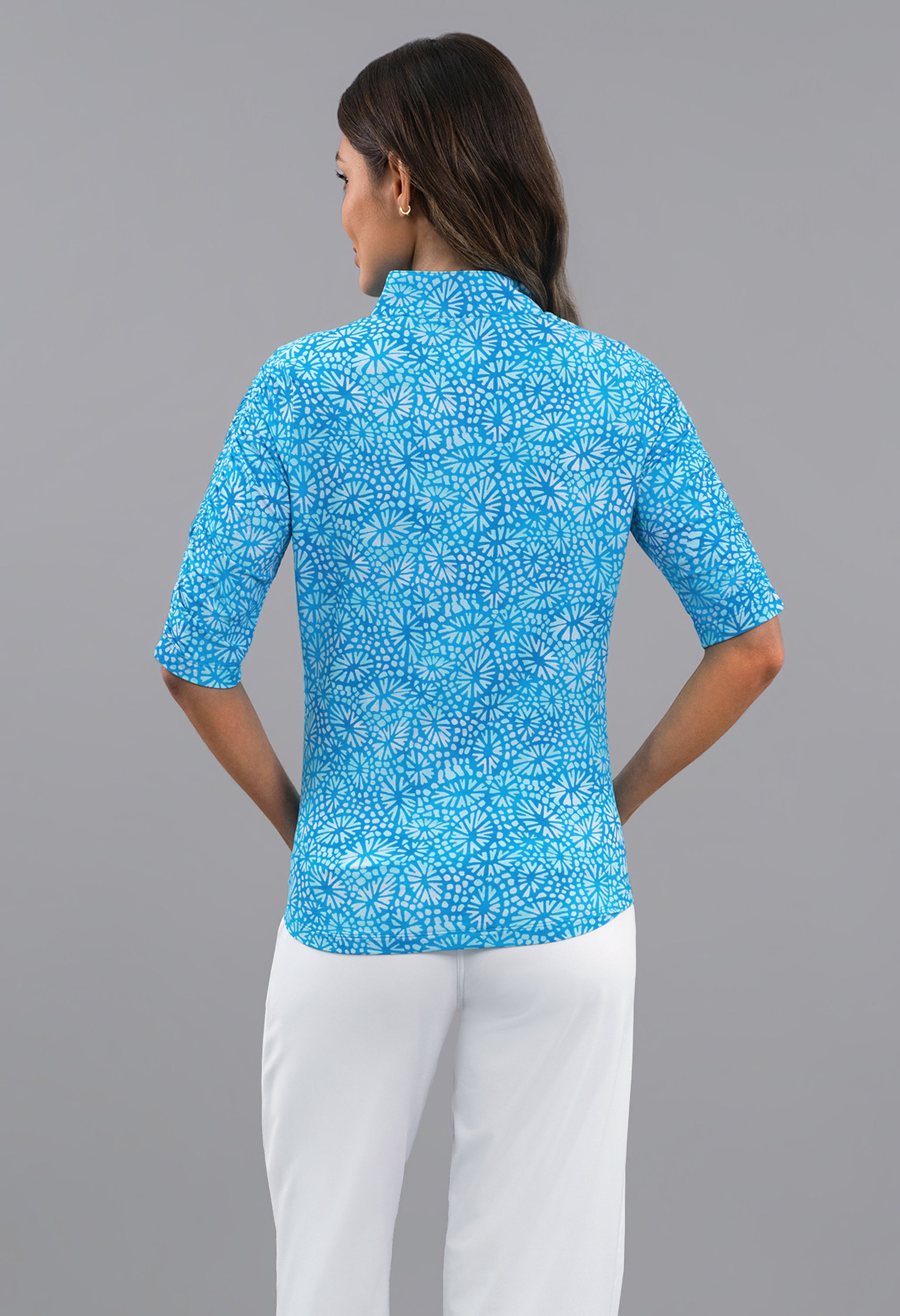 Gladis Ruched Elbow Sleeve Mandarin Collar Top