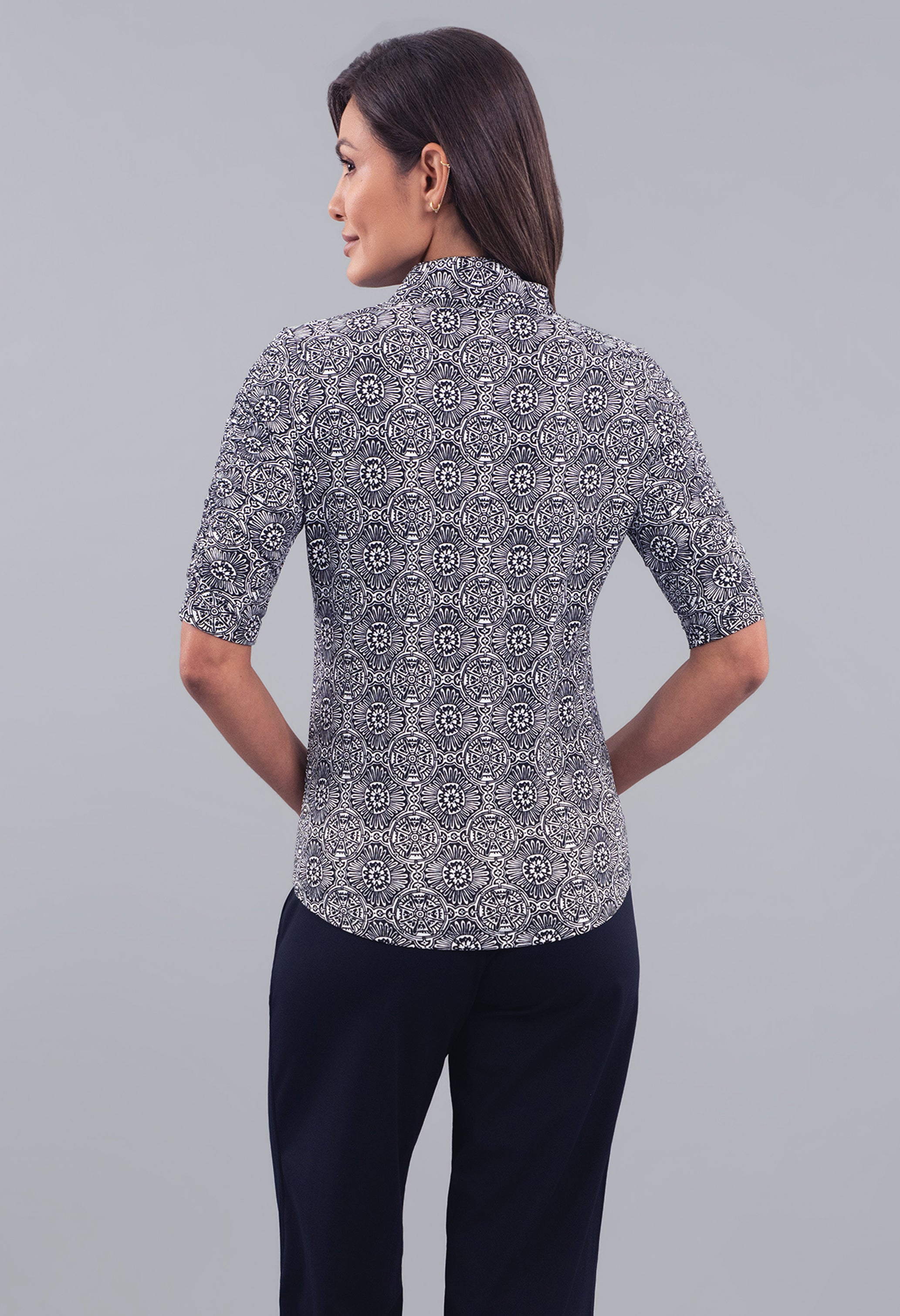 Amani Ruched Elbow Sleeve Mandarin Collar Top