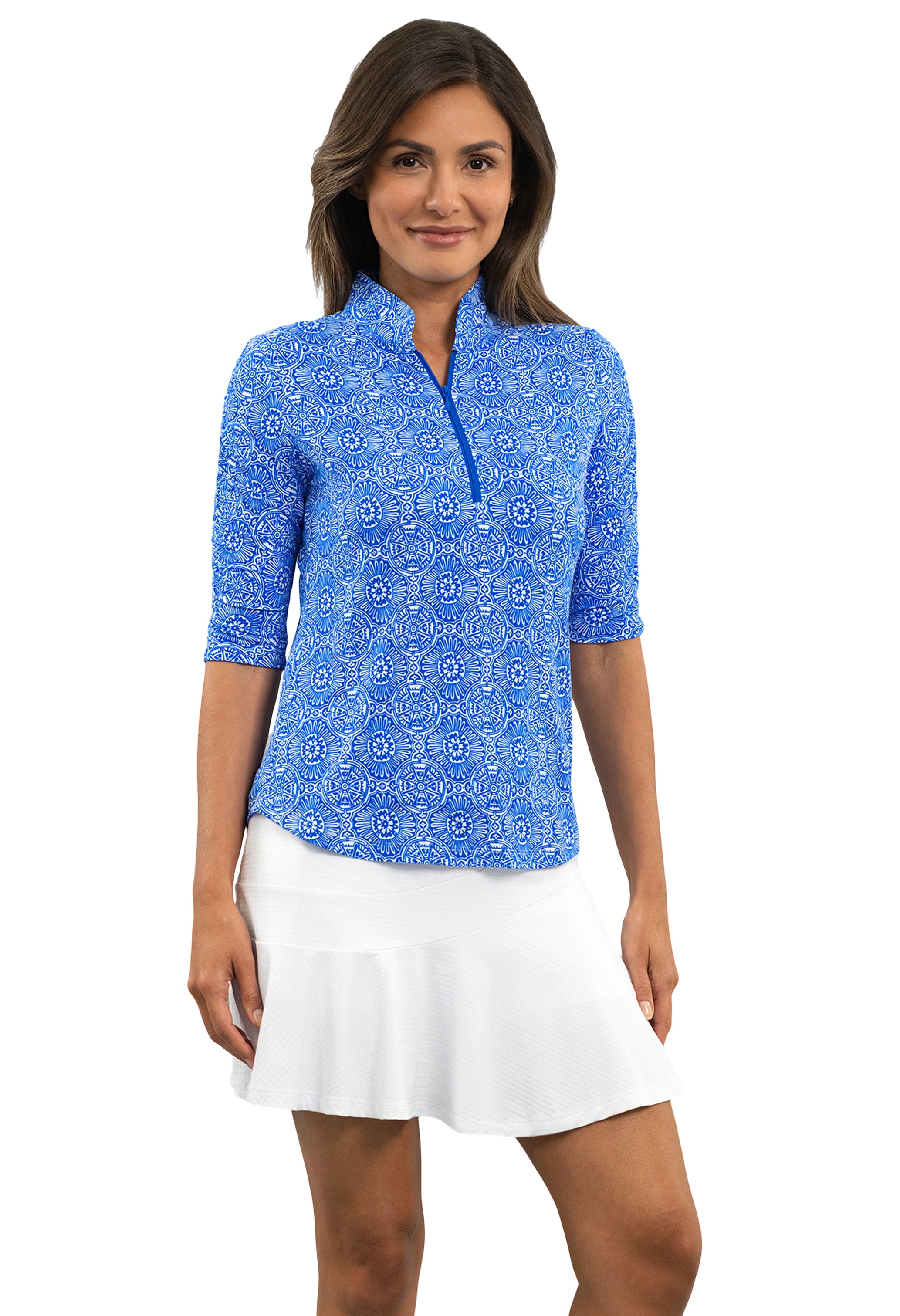 Amani Ruched Elbow Sleeve Mandarin Collar Top