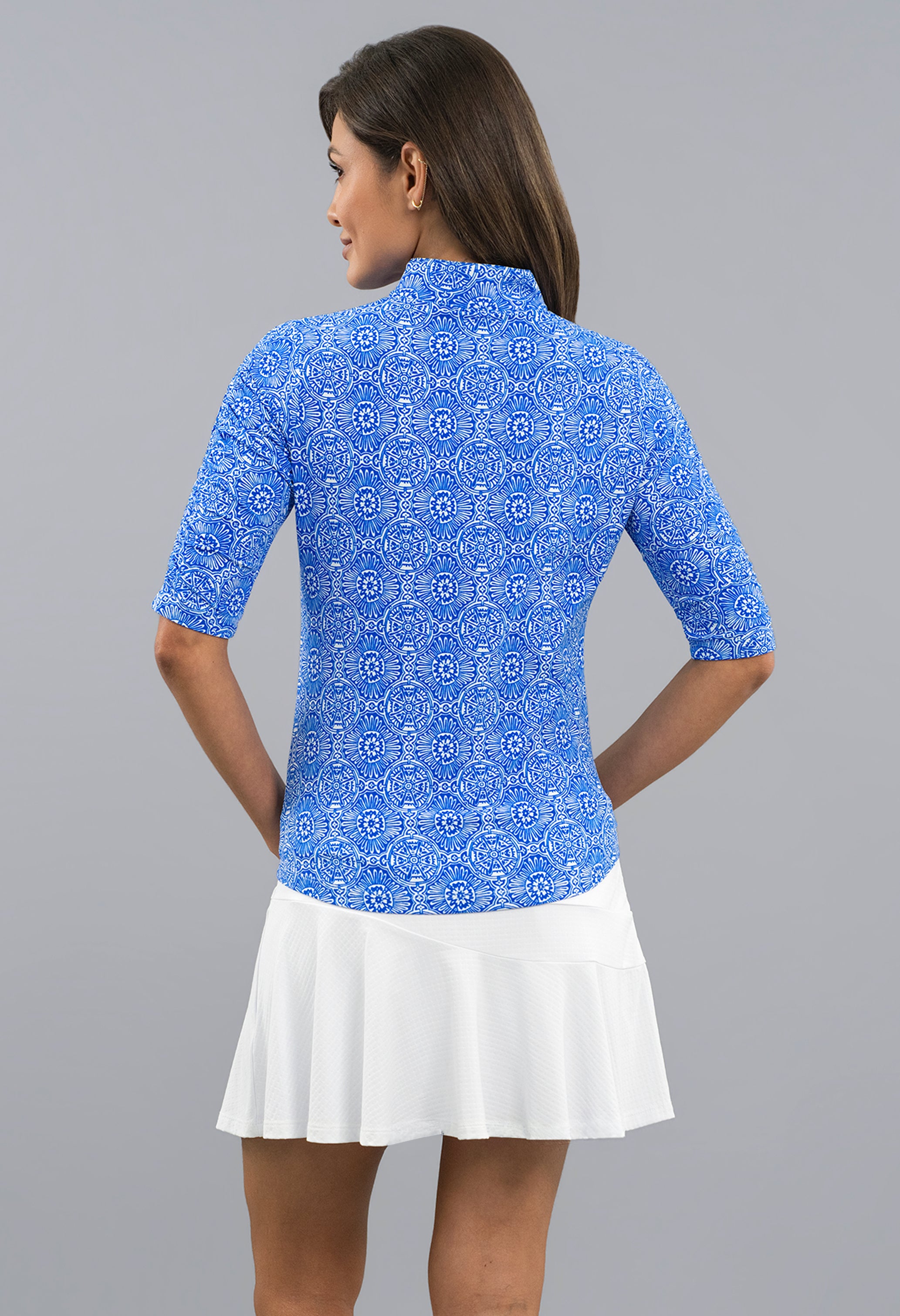 Amani Ruched Elbow Sleeve Mandarin Collar Top