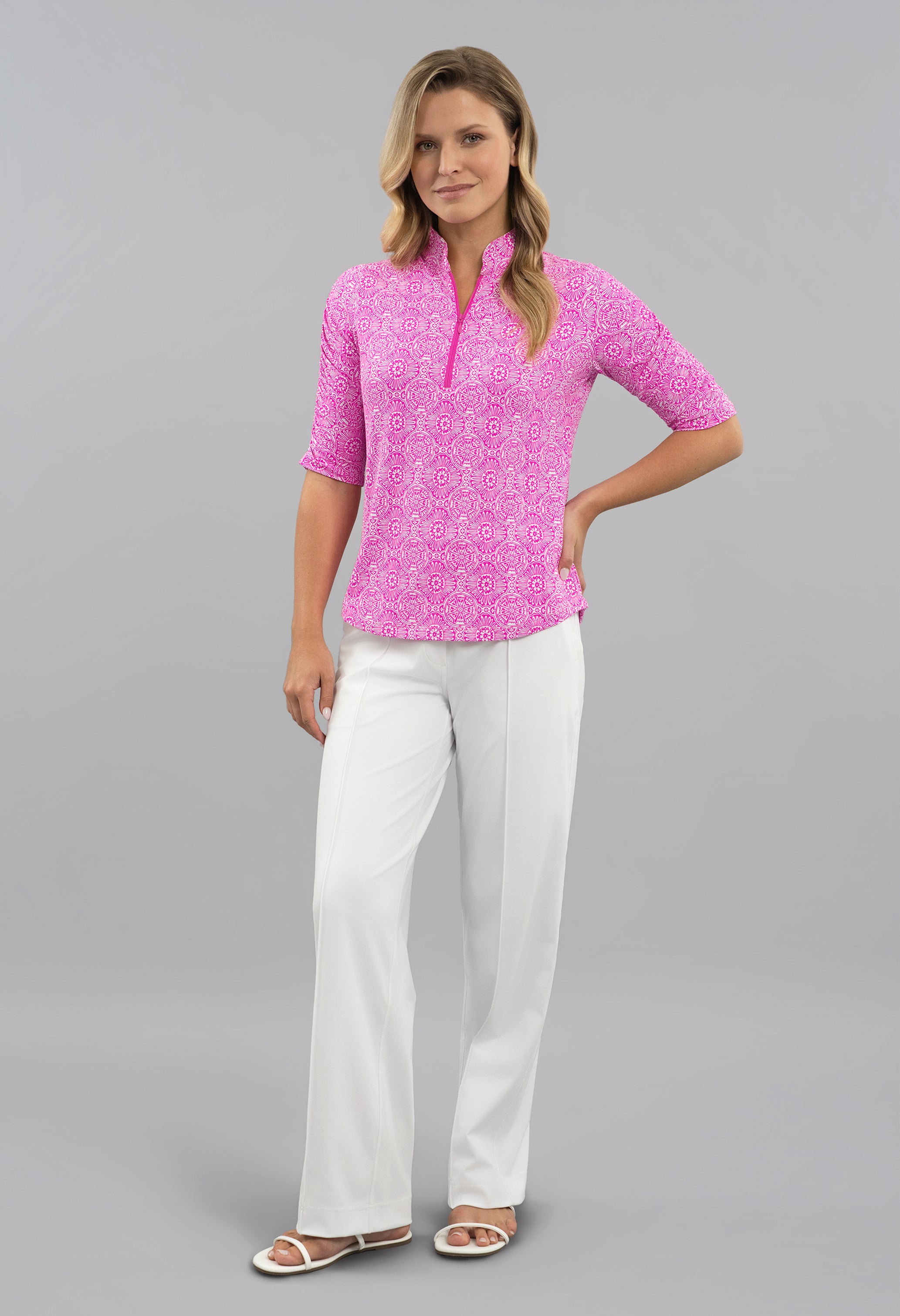 Amani Ruched Elbow Sleeve Mandarin Collar Top
