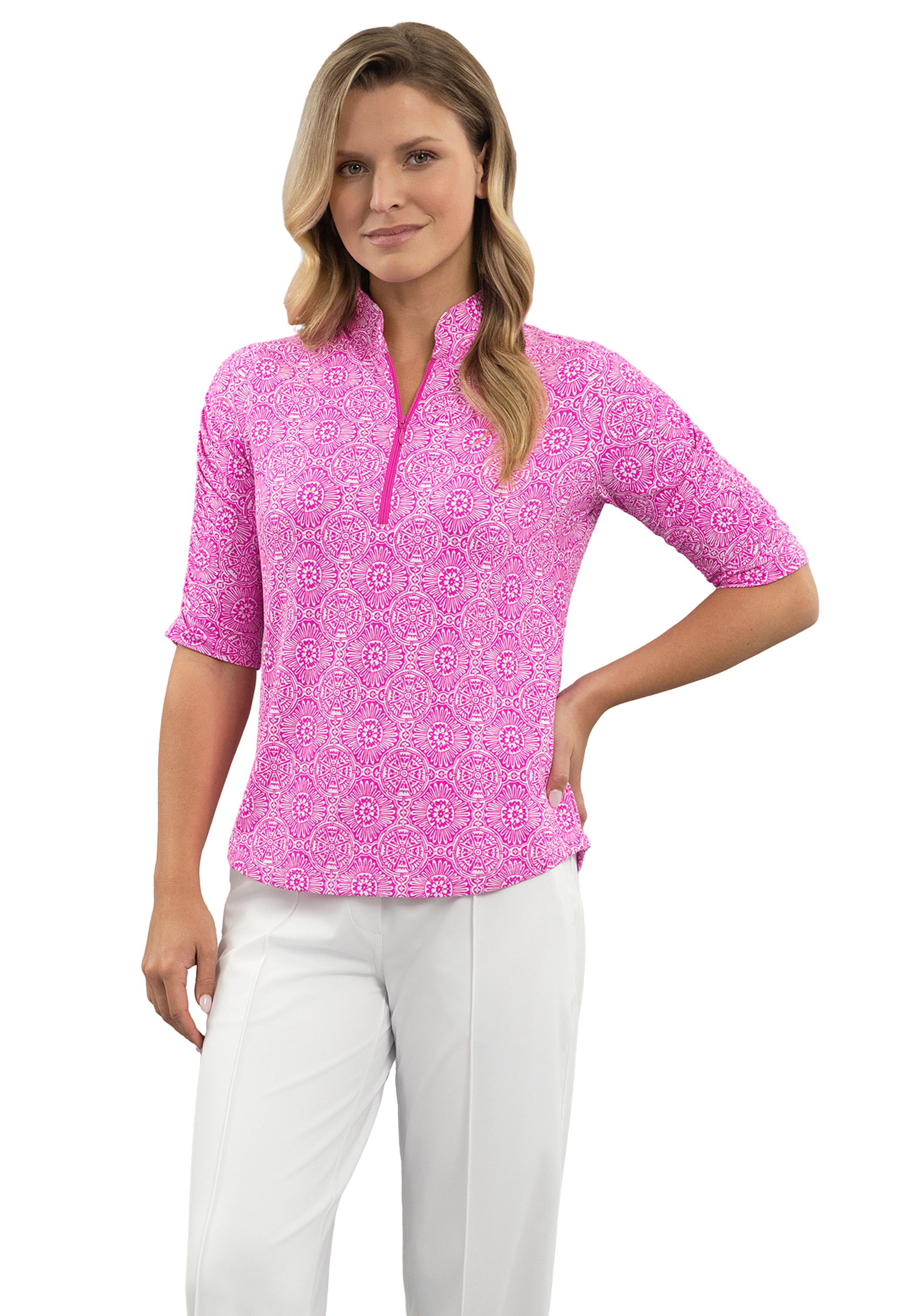 Amani Ruched Elbow Sleeve Mandarin Collar Top