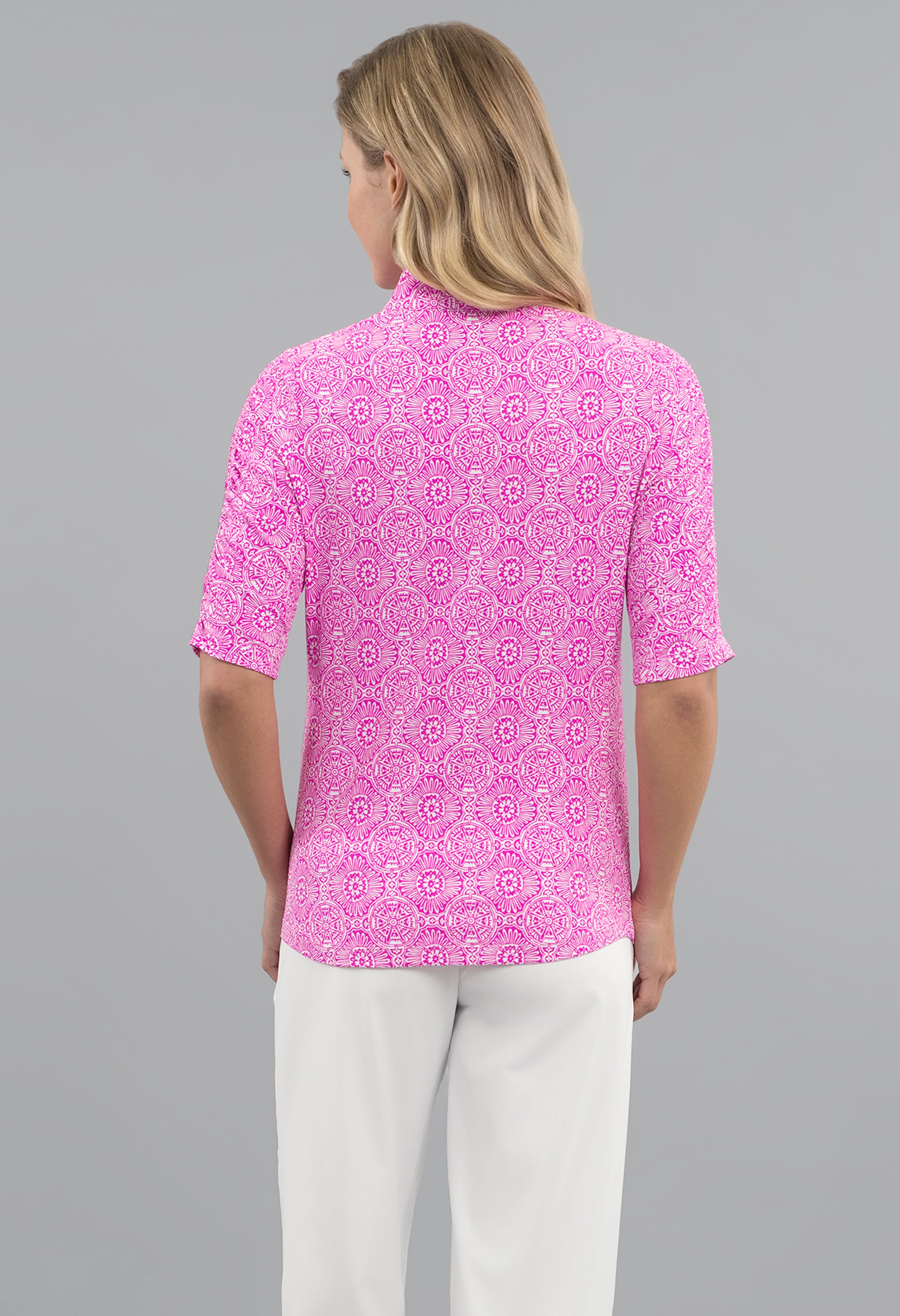 Amani Ruched Elbow Sleeve Mandarin Collar Top