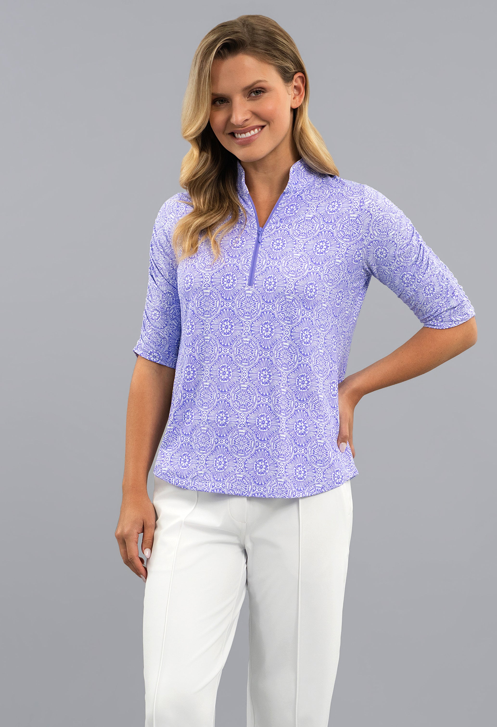 Amani Ruched Elbow Sleeve Mandarin Collar Top