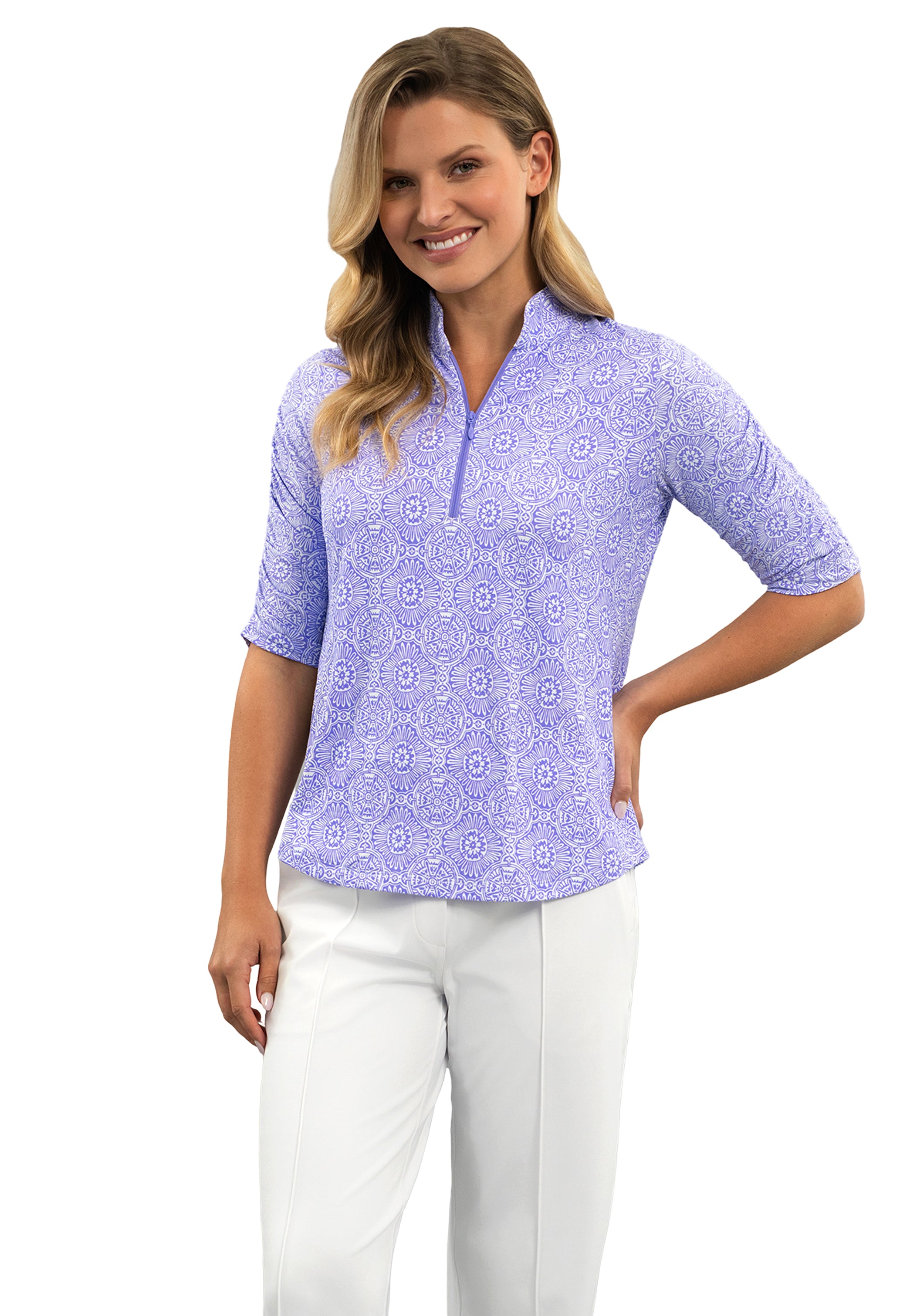 Amani Ruched Elbow Sleeve Mandarin Collar Top