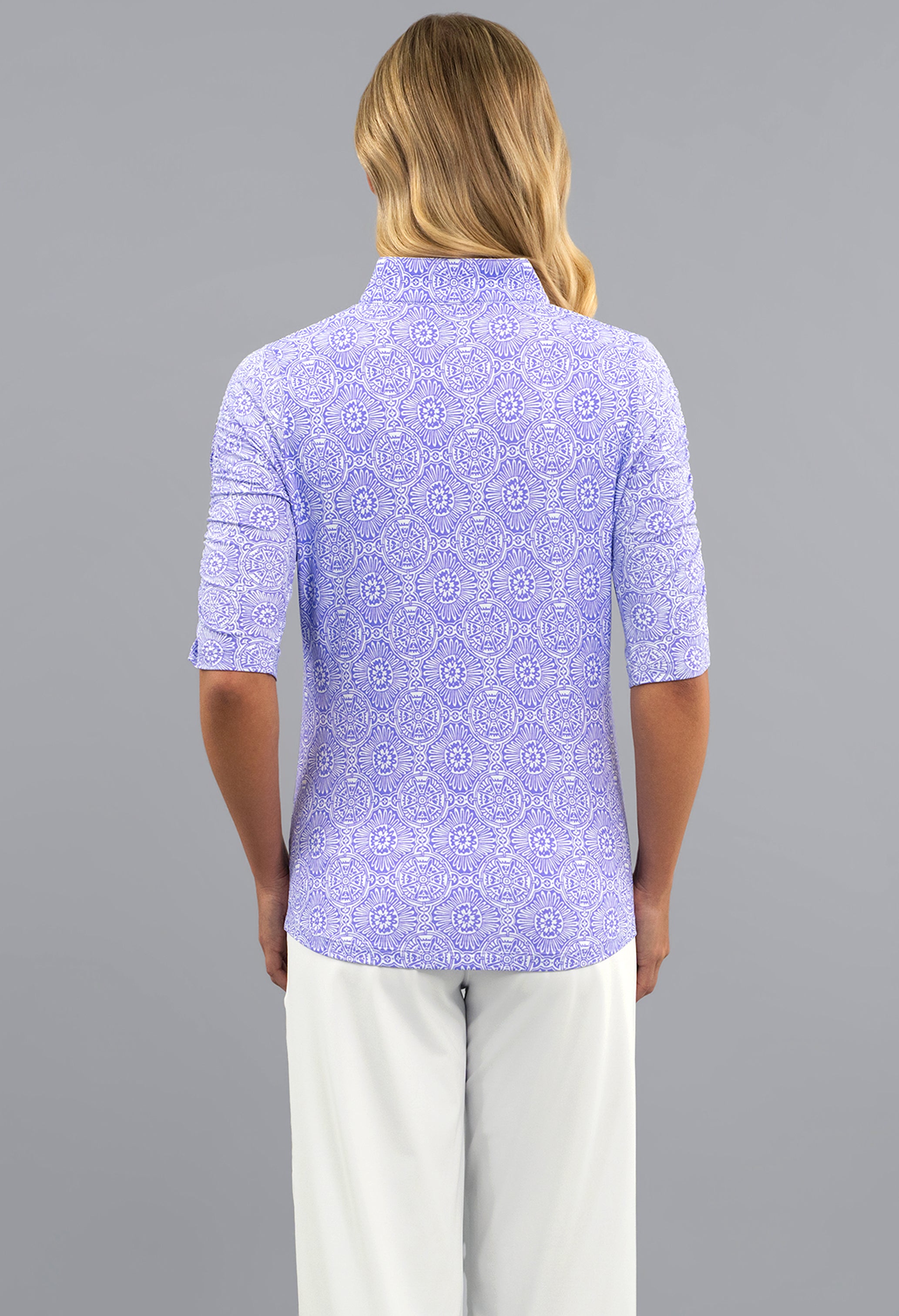 Amani Ruched Elbow Sleeve Mandarin Collar Top