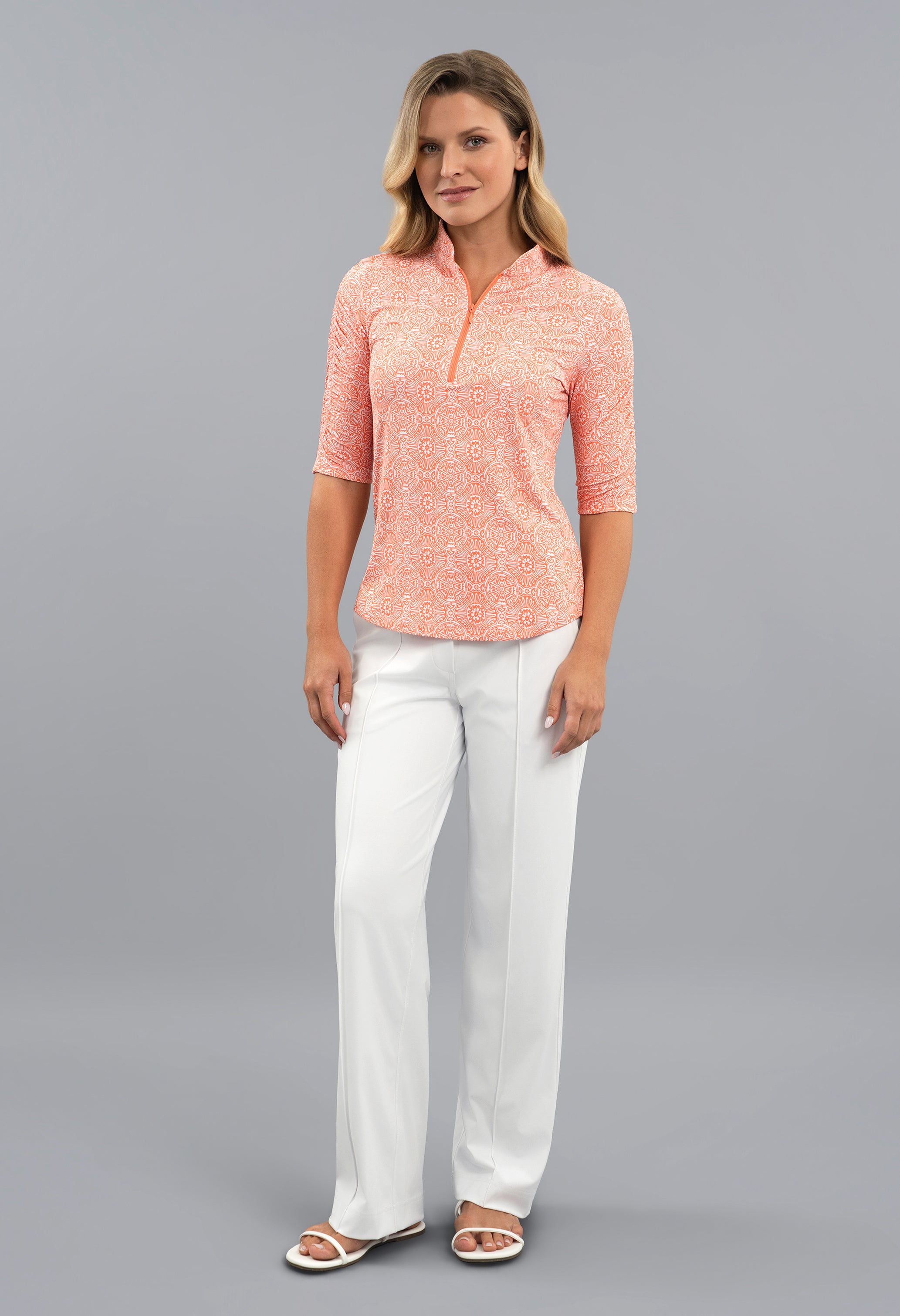 Amani Ruched Elbow Sleeve Mandarin Collar Top