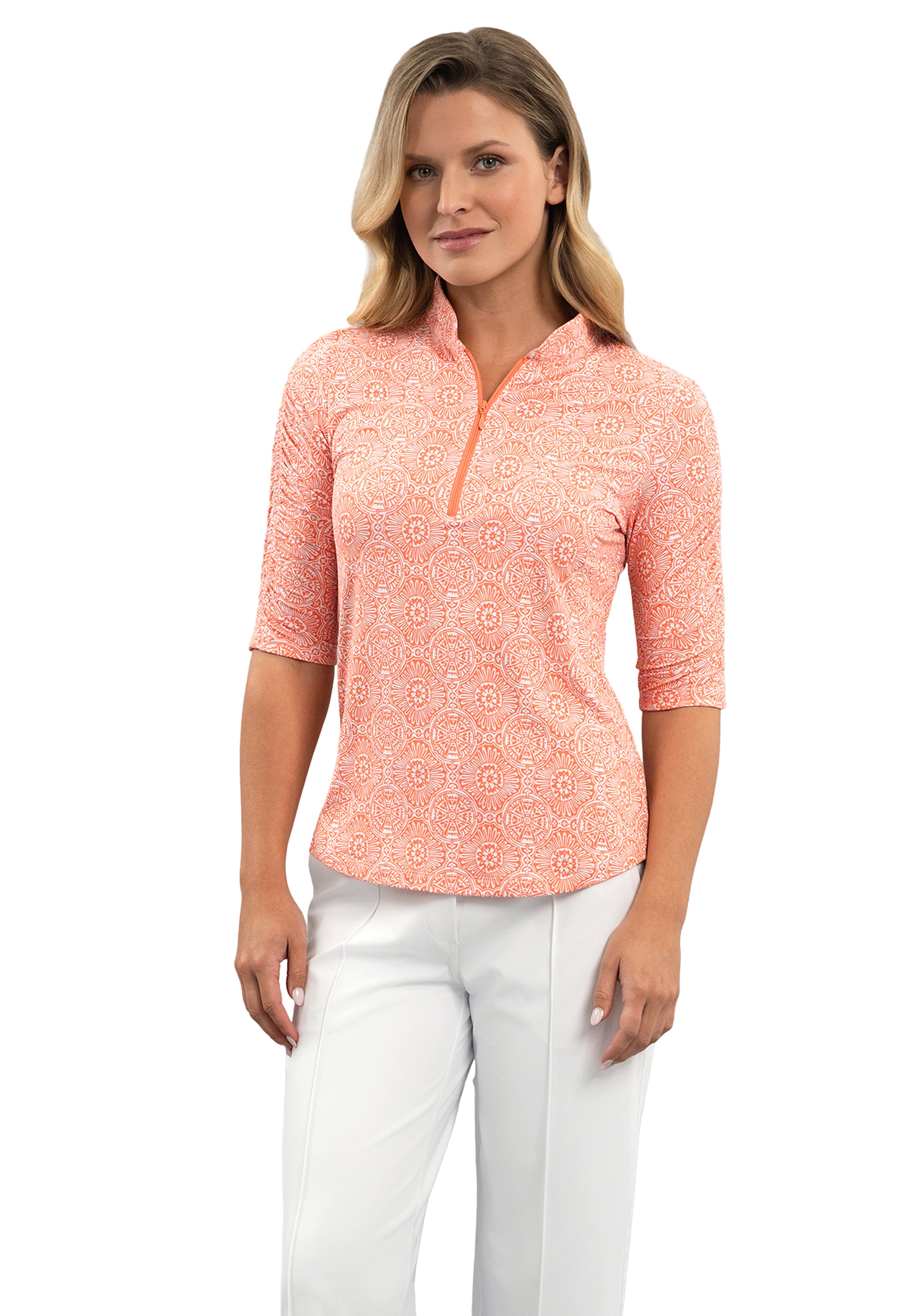 Amani Ruched Elbow Sleeve Mandarin Collar Top
