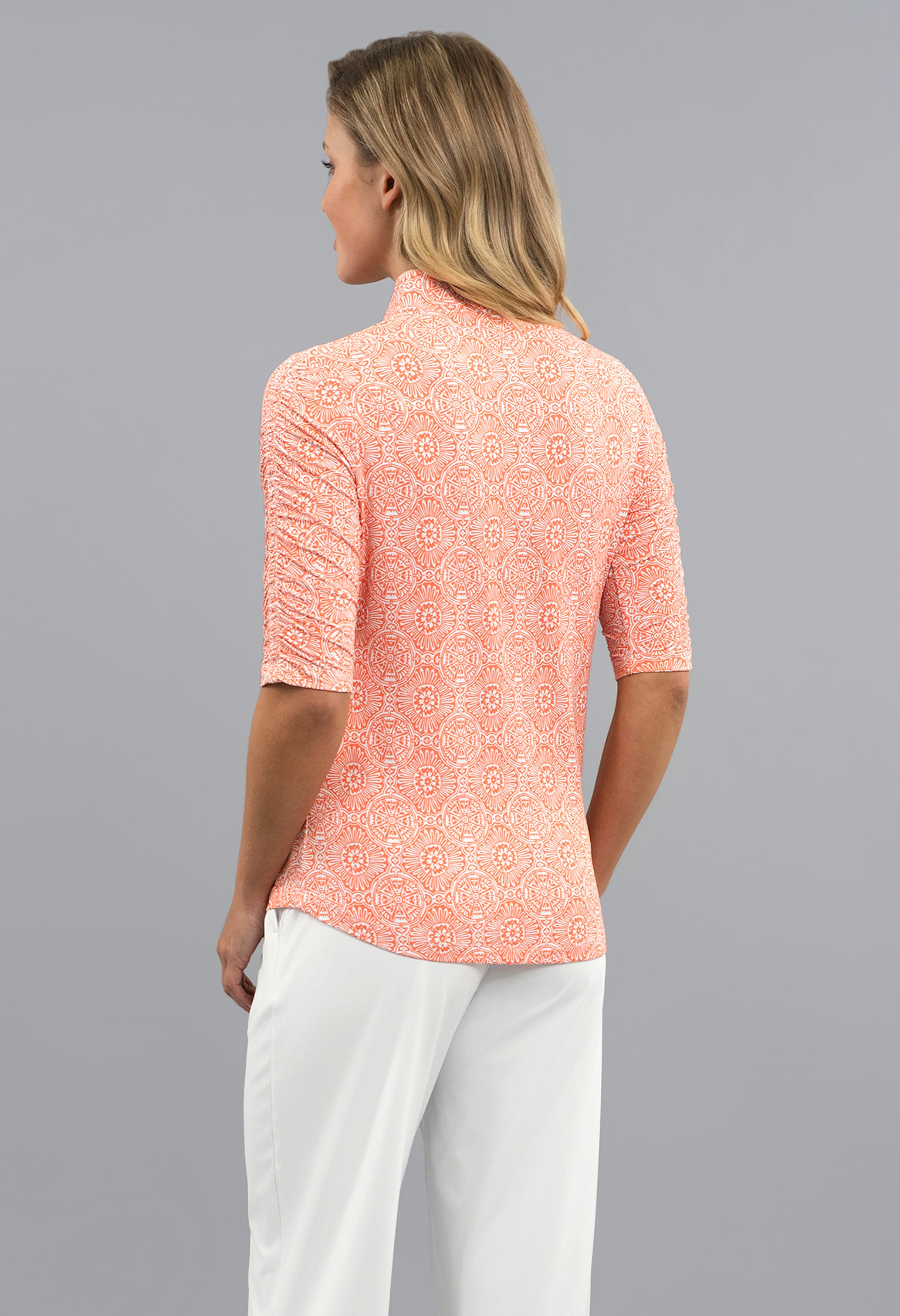Amani Ruched Elbow Sleeve Mandarin Collar Top