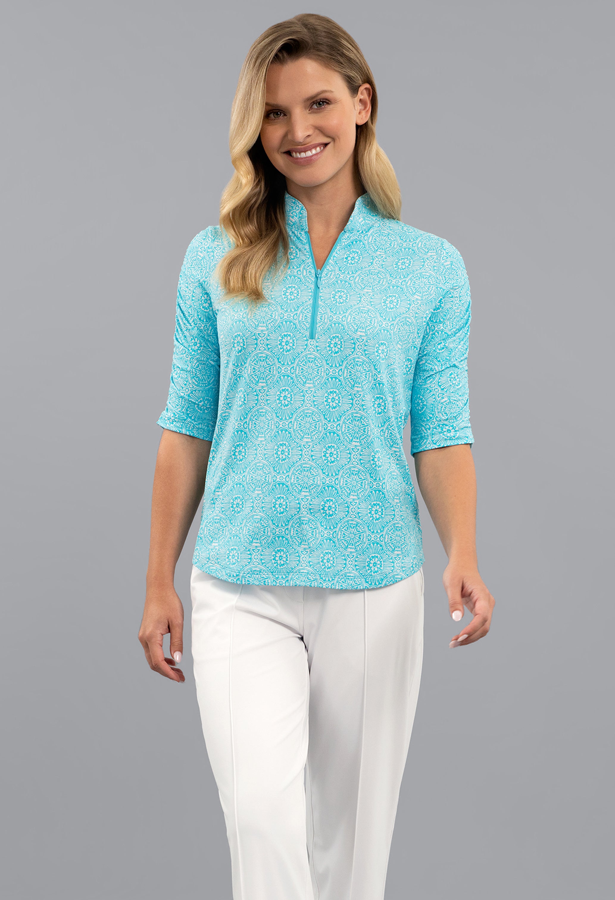 Amani Ruched Elbow Sleeve Mandarin Collar Top