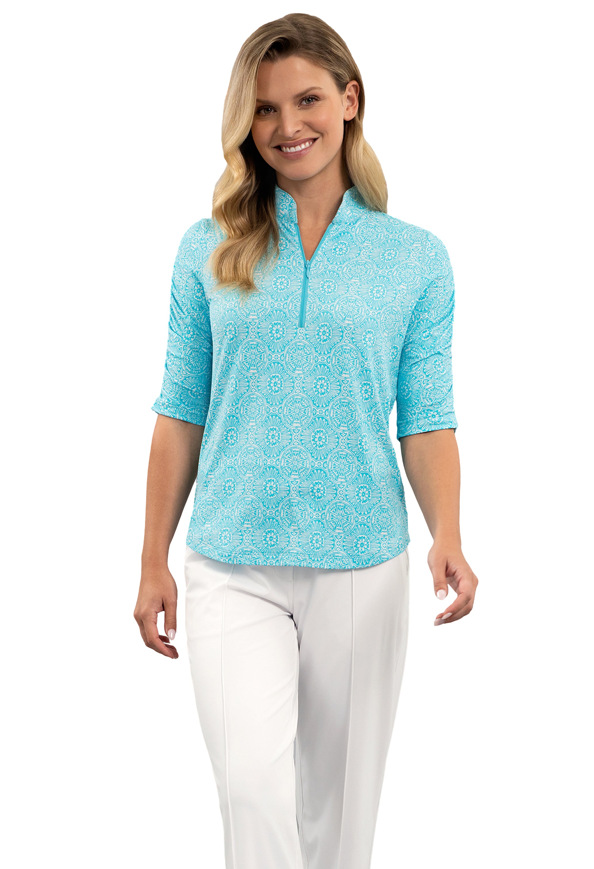 Amani Ruched Elbow Sleeve Mandarin Collar Top