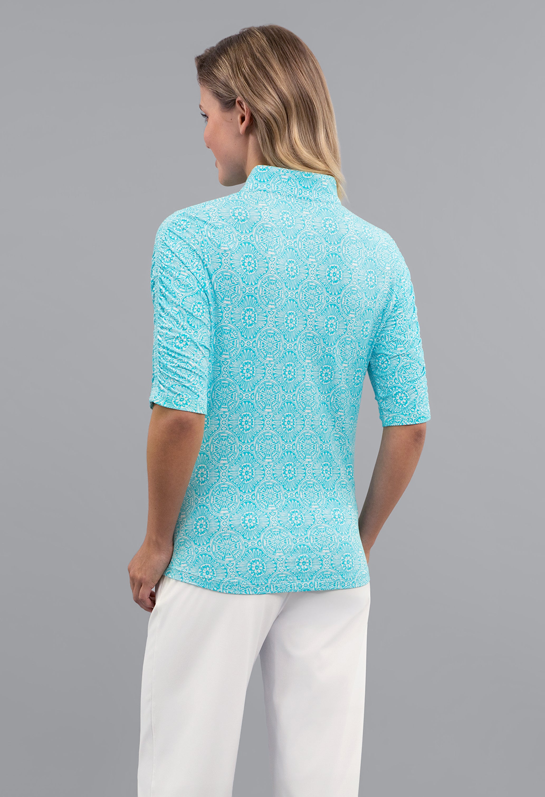 Amani Ruched Elbow Sleeve Mandarin Collar Top