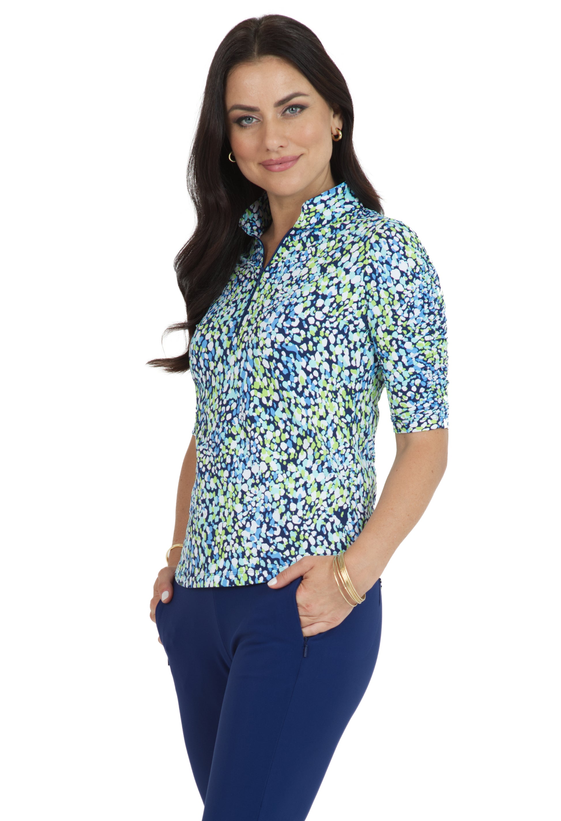 IBKÜL - Naomi Print Ruched Elbow Length Sleeve Top – 41761 - Color: Navy/Lime