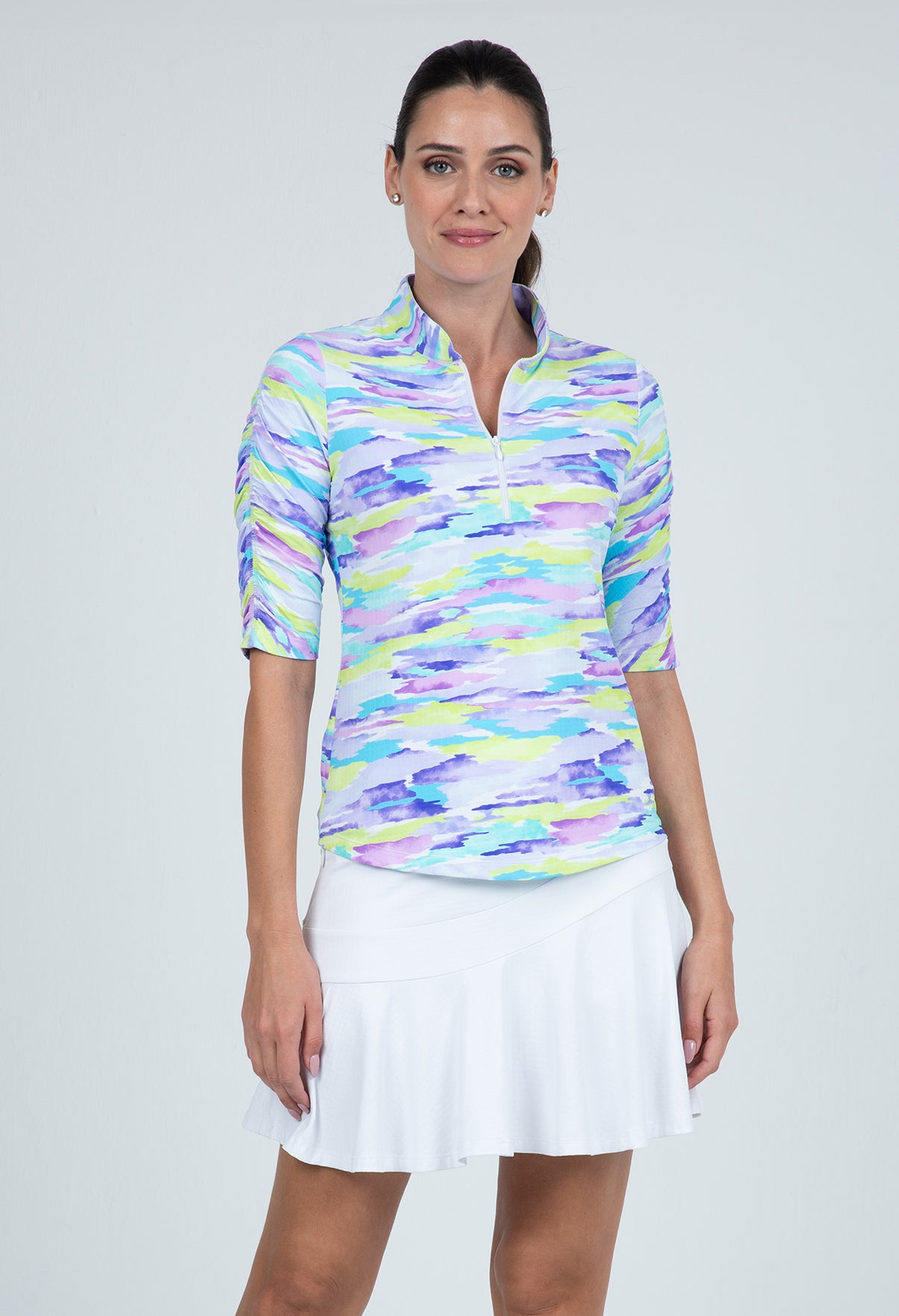 IBKÜL - Jessie Print Ruched Elbow Length Sleeve Top – 41867 - Color: Plum Multi