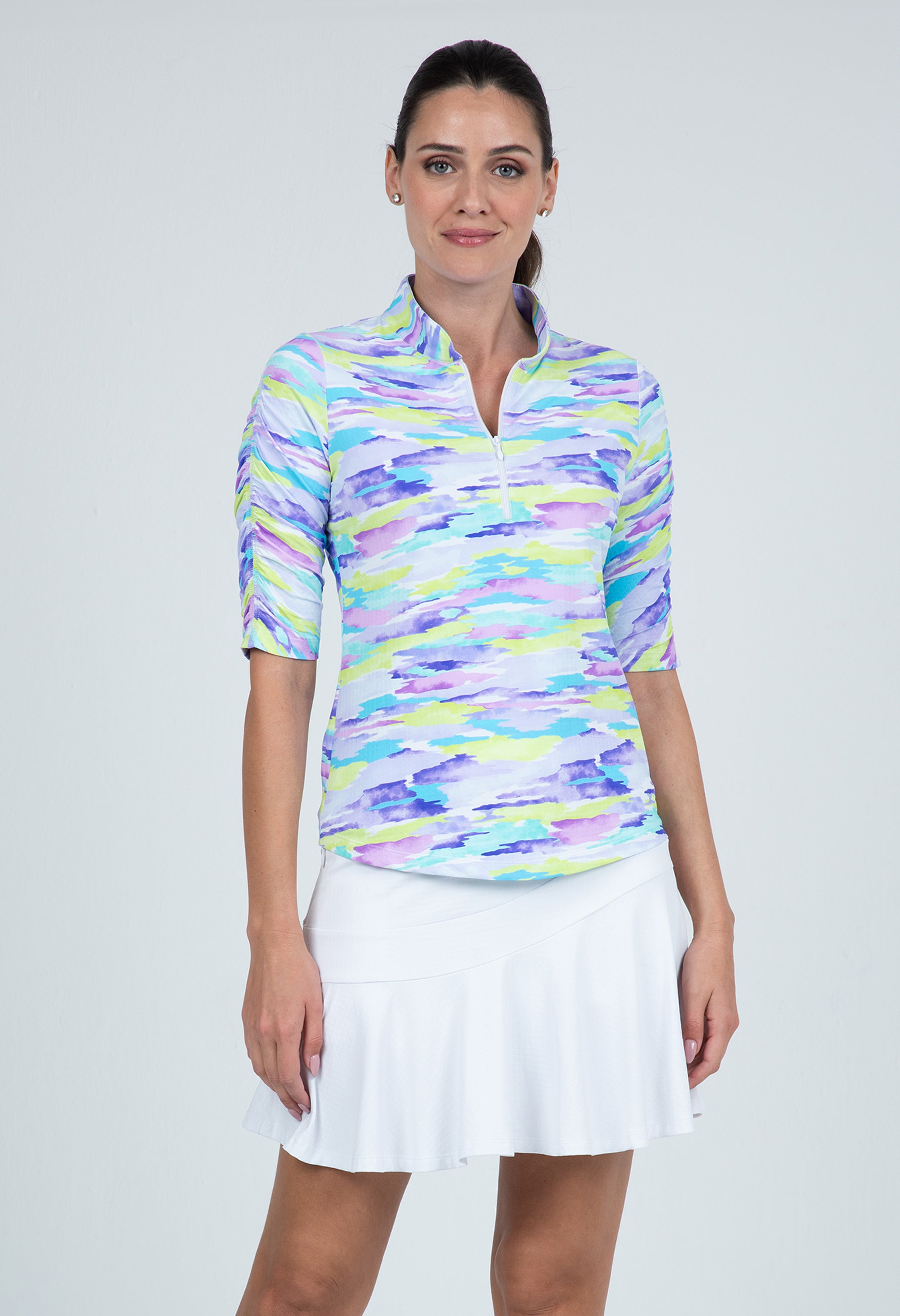 IBKÜL - Jessie Print Ruched Elbow Length Sleeve Top – 41867 - Color: Plum Multi