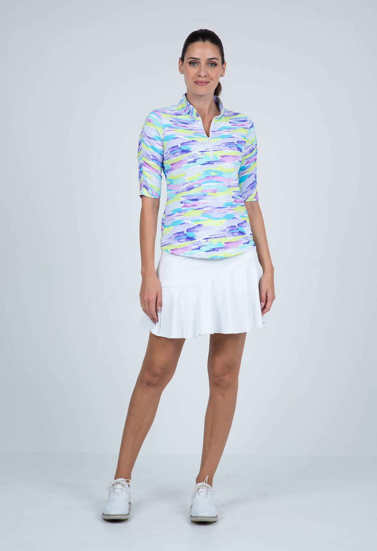 IBKÜL - Jessie Print Ruched Elbow Length Sleeve Top – 41867 - Color: Plum Multi