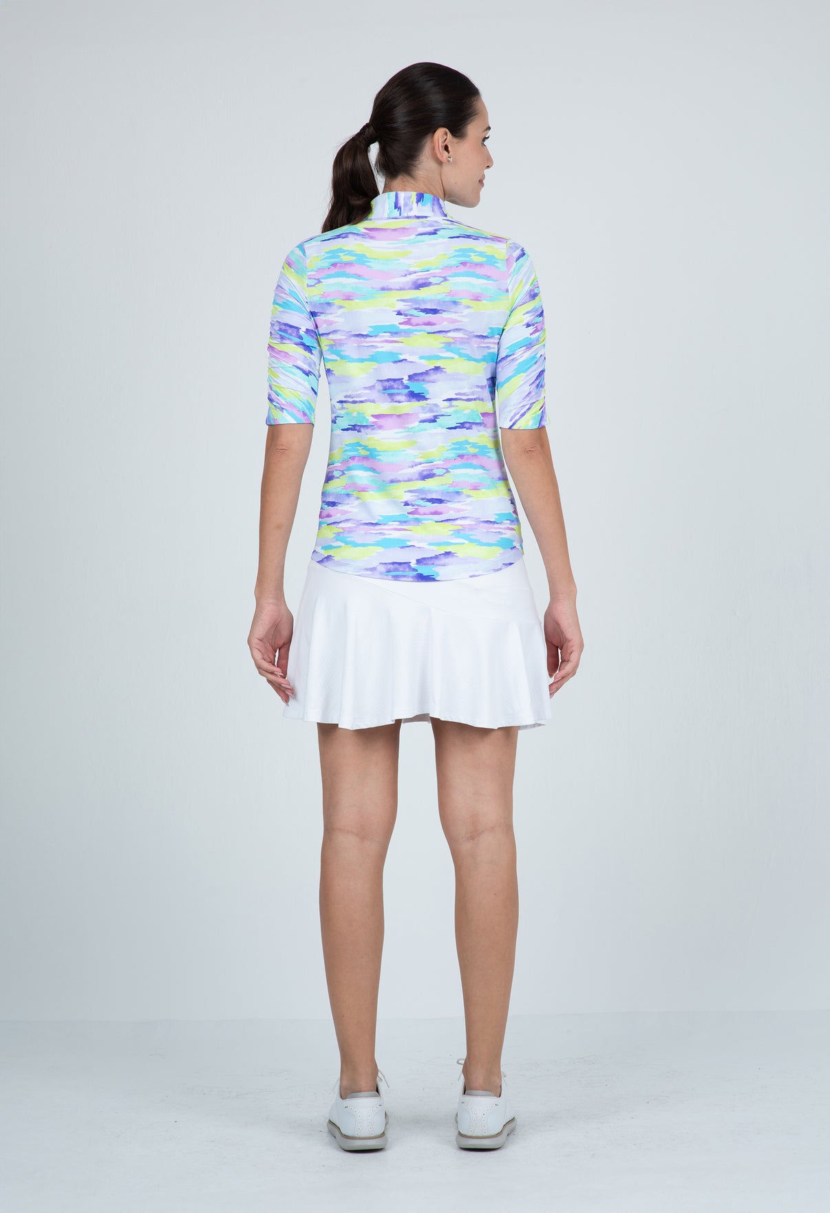 IBKÜL - Jessie Print Ruched Elbow Length Sleeve Top – 41867 - Color: Plum Multi