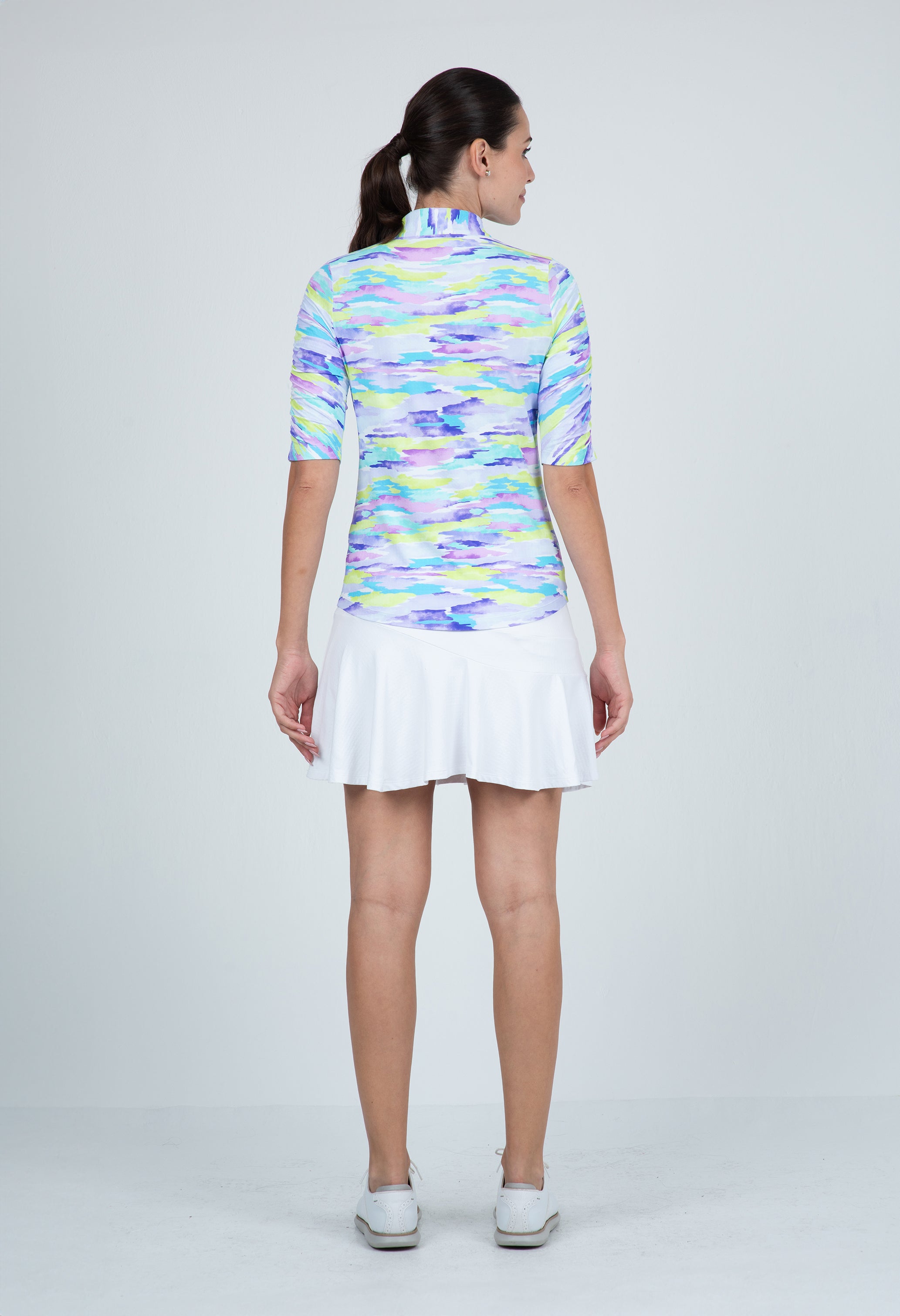 IBKÜL - Jessie Print Ruched Elbow Length Sleeve Top – 41867 - Color: Plum Multi