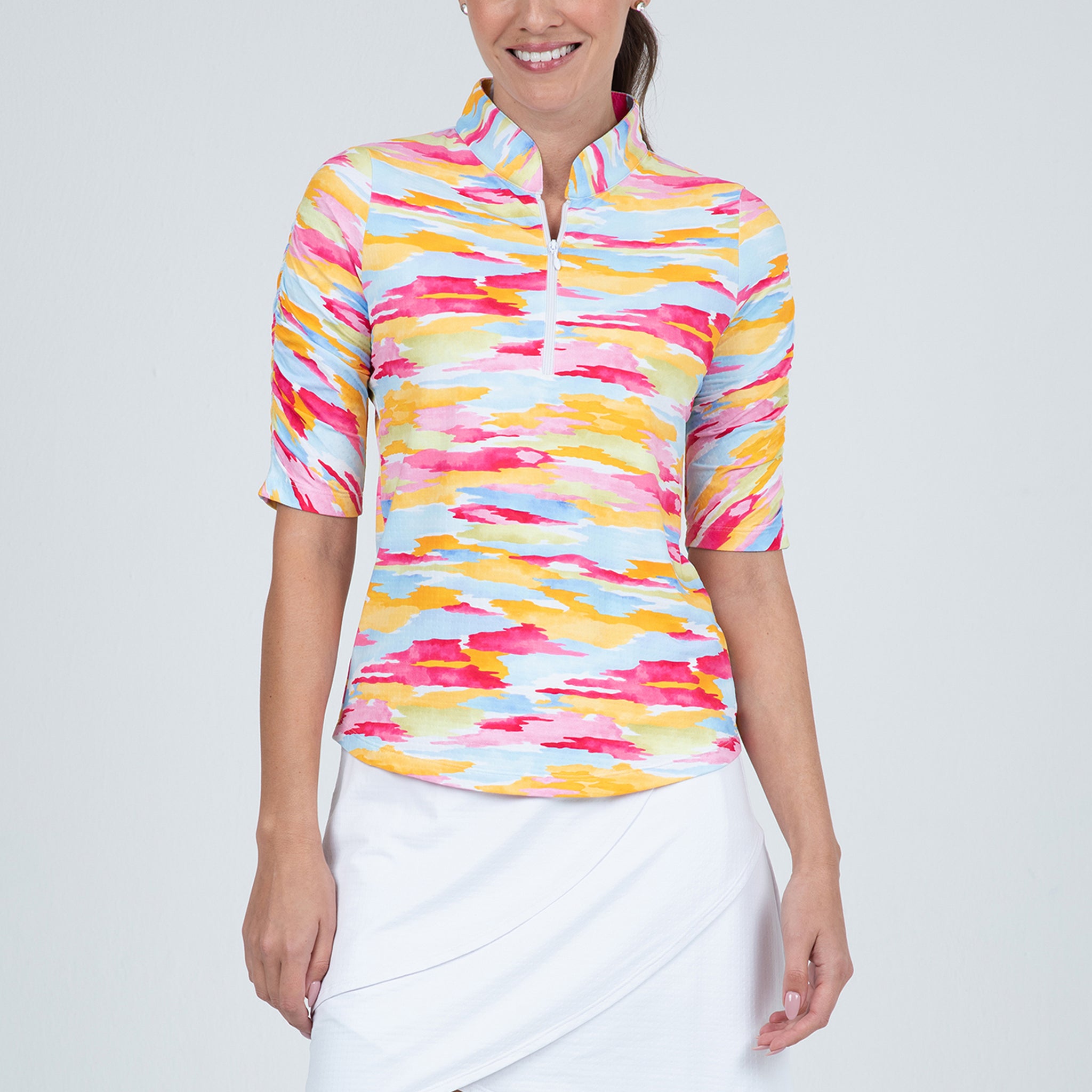 IBKÜL - Jessie Print Ruched Elbow Length Sleeve Top – 41867 - Color: Watermelon Multi