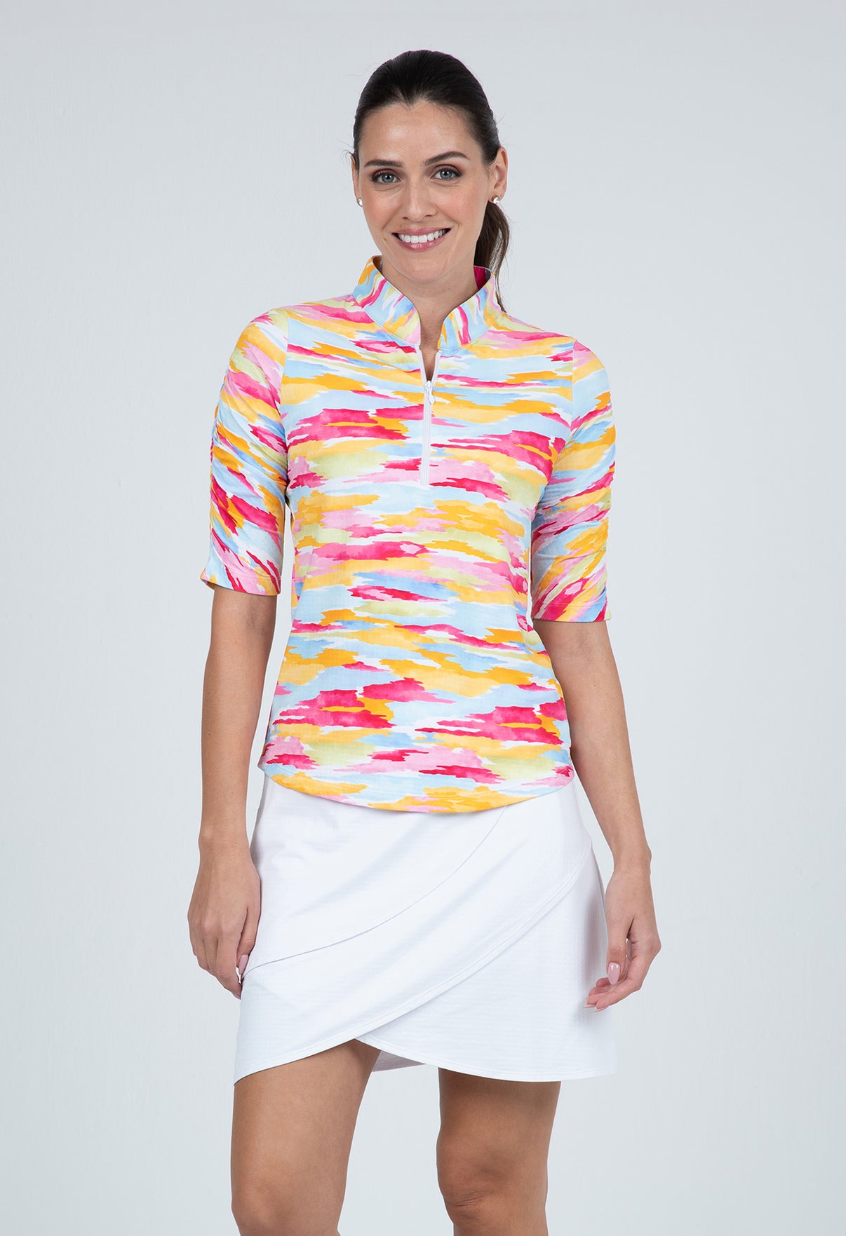 IBKÜL - Jessie Print Ruched Elbow Length Sleeve Top – 41867 - Color: Watermelon Multi