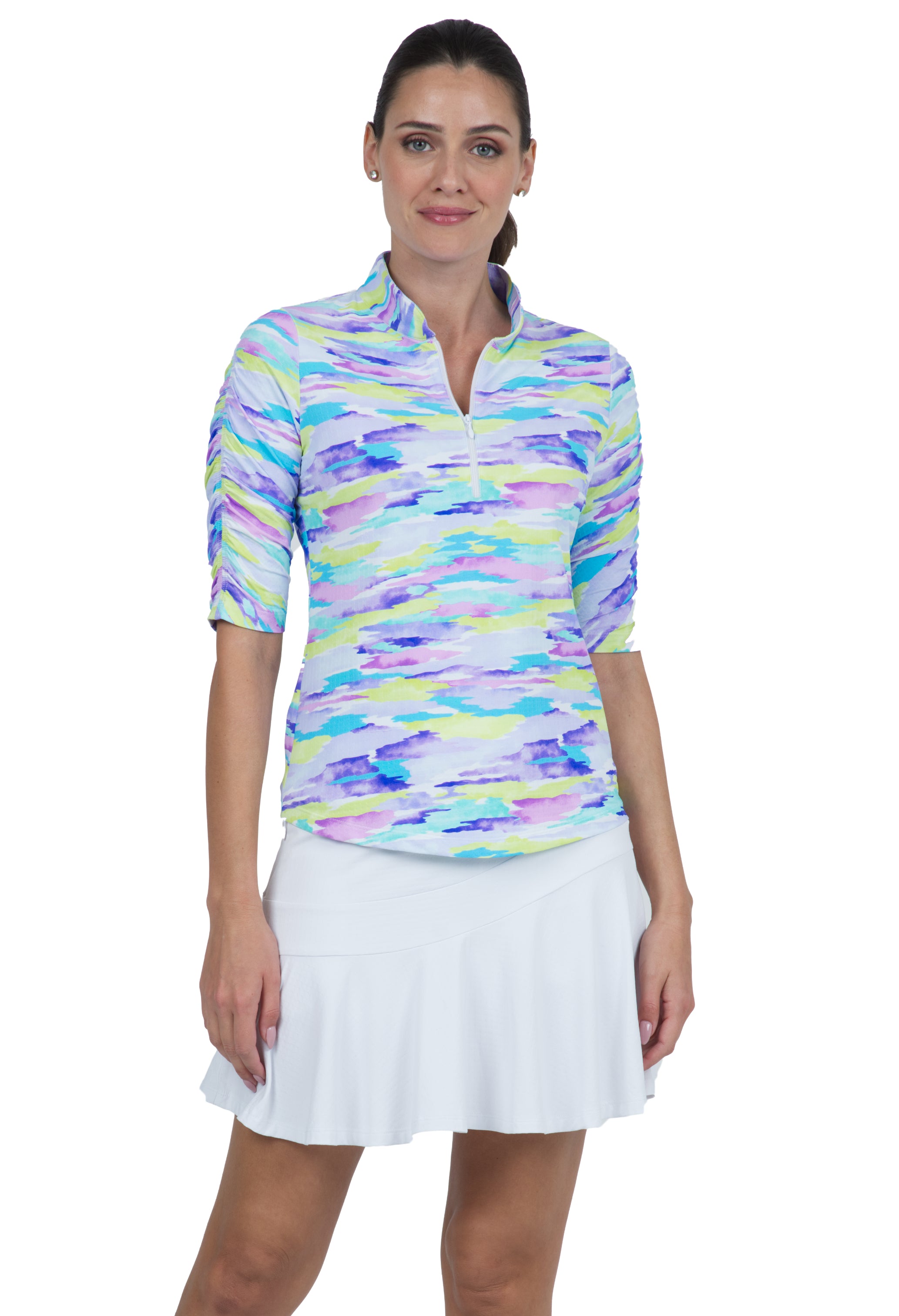 IBKÜL - Jessie Print Ruched Elbow Length Sleeve Top – 41867 - Color: Plum Multi