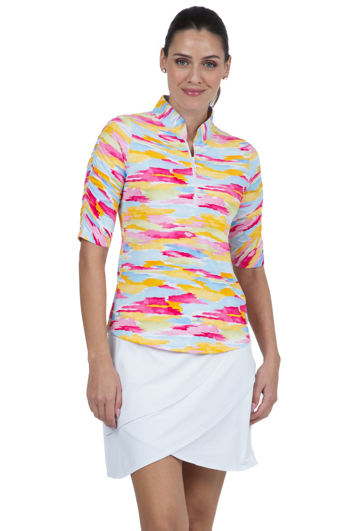 IBKÜL - Jessie Print Ruched Elbow Length Sleeve Top – 41867 - Color: Watermelon Multi