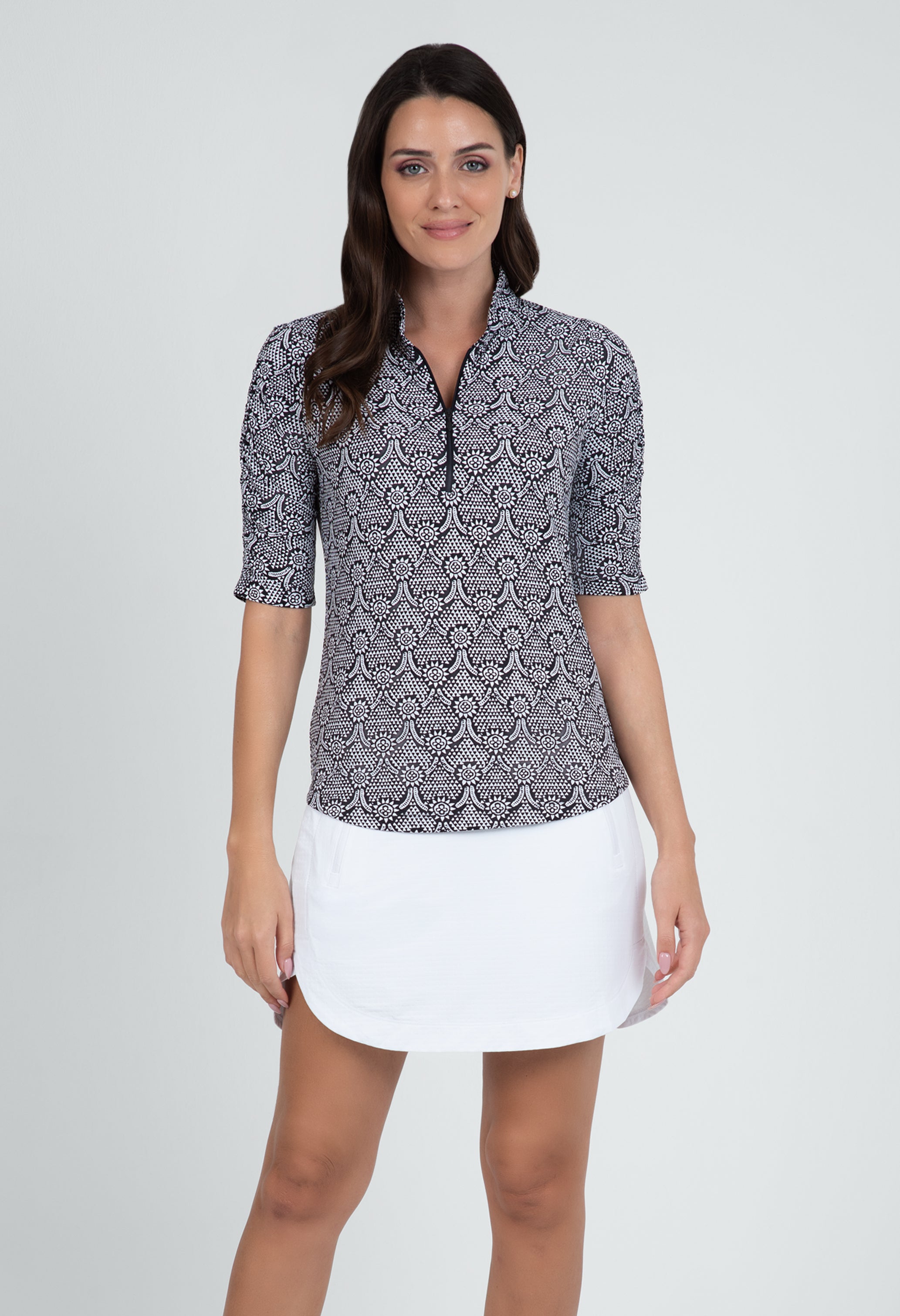Leslie Print Ruched Elbow Length Sleeve Top