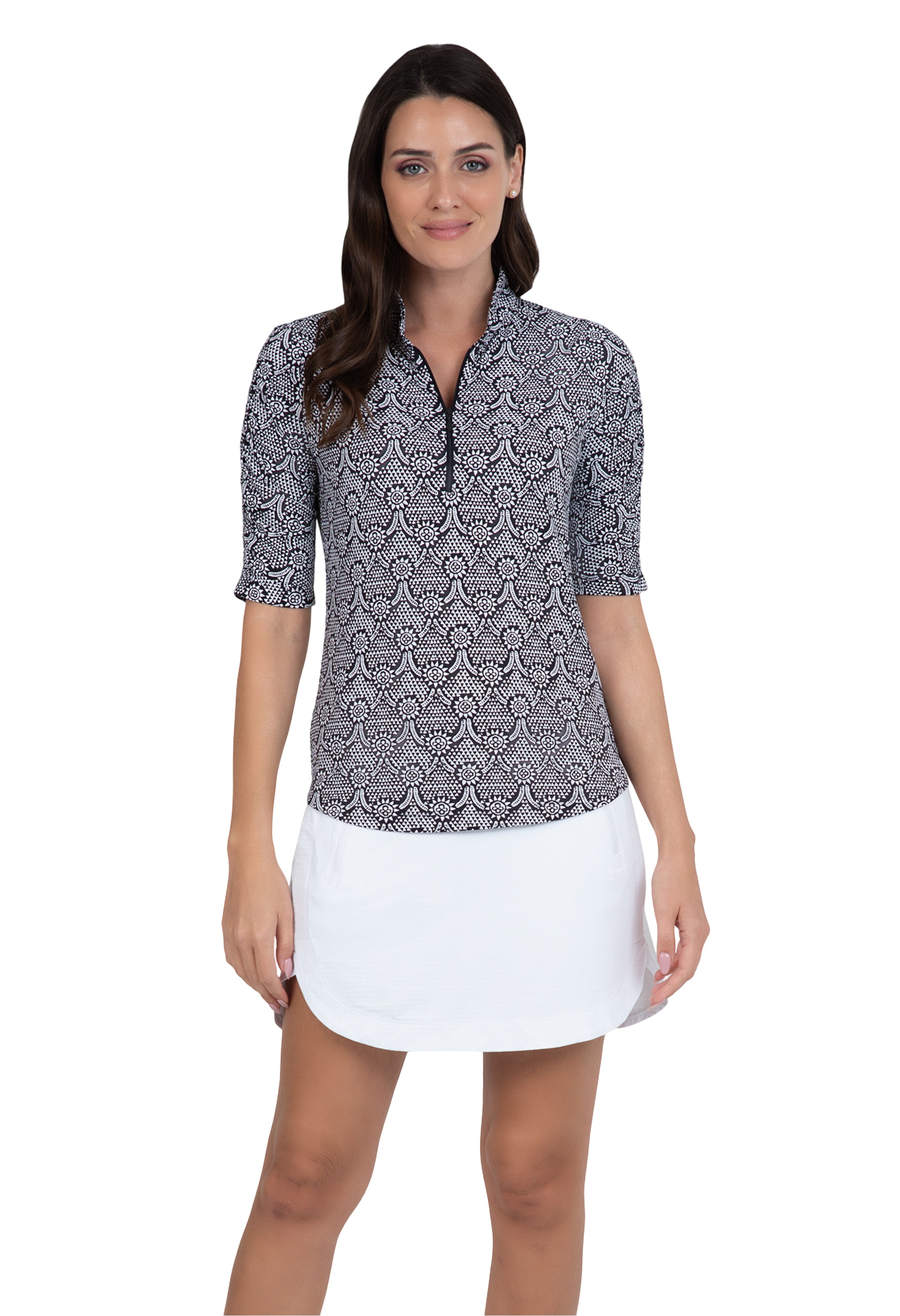 Leslie Print Ruched Elbow Length Sleeve Top