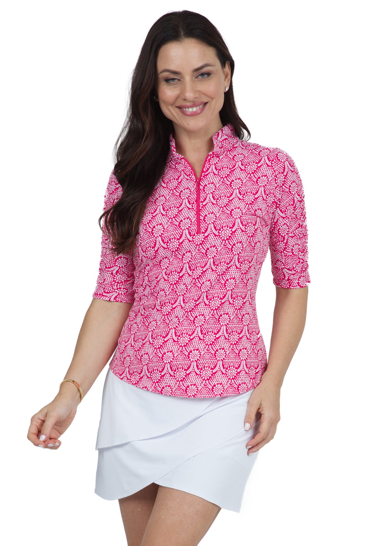 IBKÜL - Leslie Print Ruched Elbow Length Sleeve Top – 41868 - Color: Watermelon/White