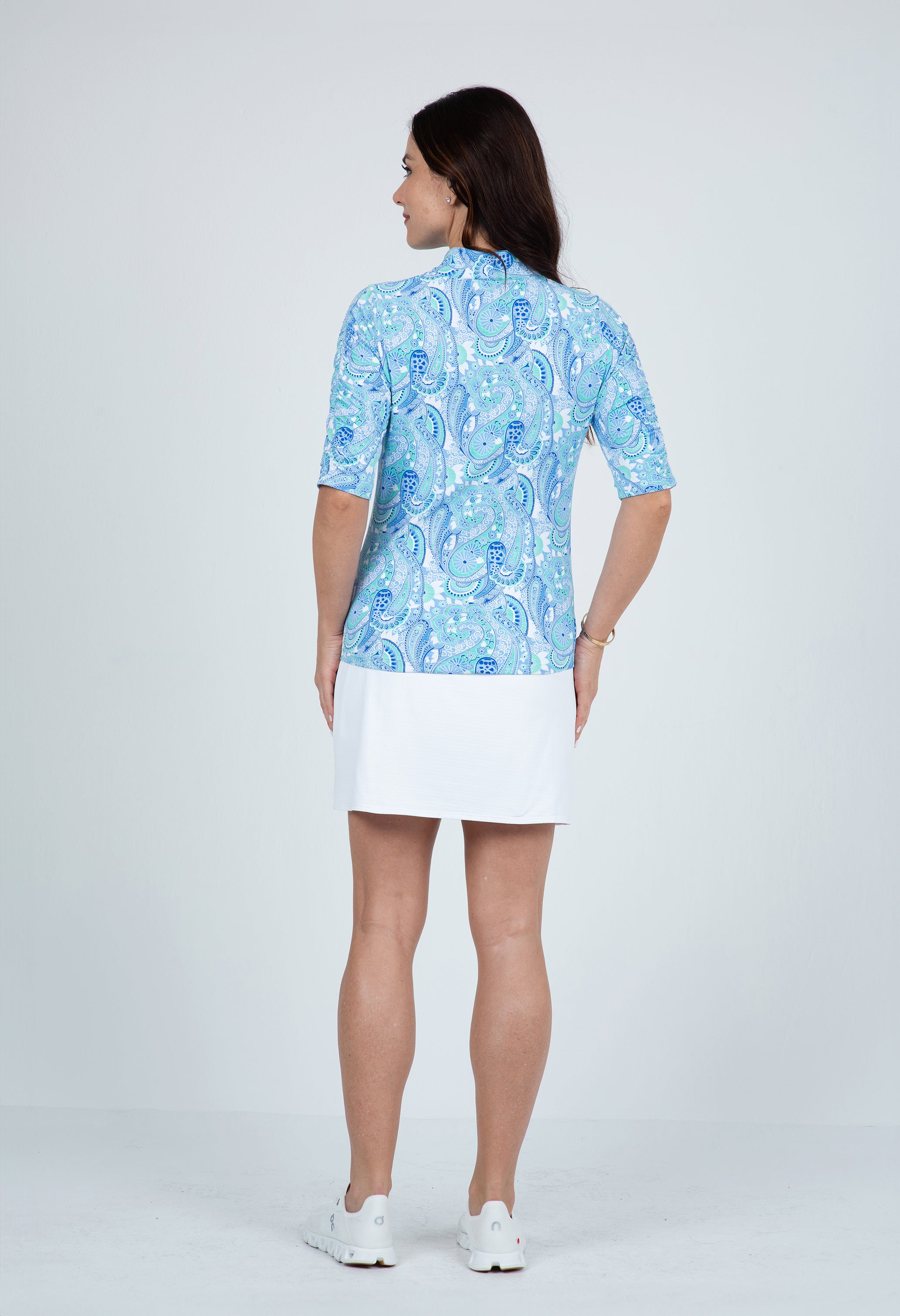 IBKÜL - Gloria Print Ruched Elbow Length Sleeve Top – 41869 - Color: Peri/Jade