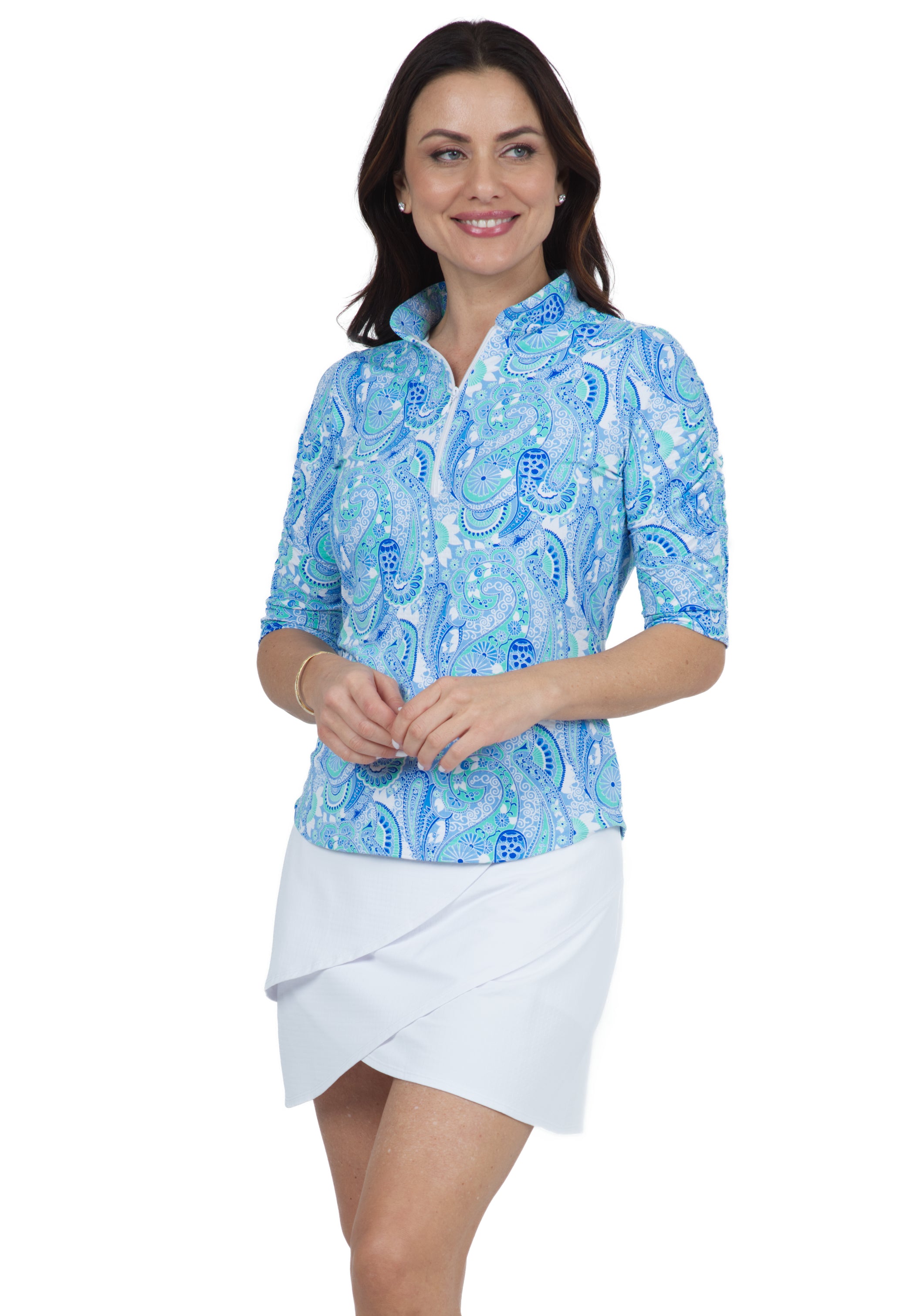 IBKÜL - Gloria Print Ruched Elbow Length Sleeve Top – 41869 - Color: Peri/Jade