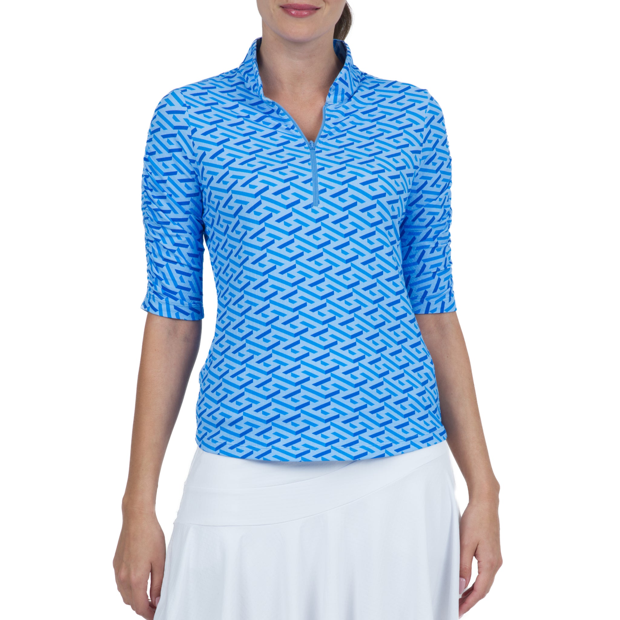 IBKÜL - Fatima Print Ruched Elbow Length Sleeve Top – 41870 - Color: Blue/Peri